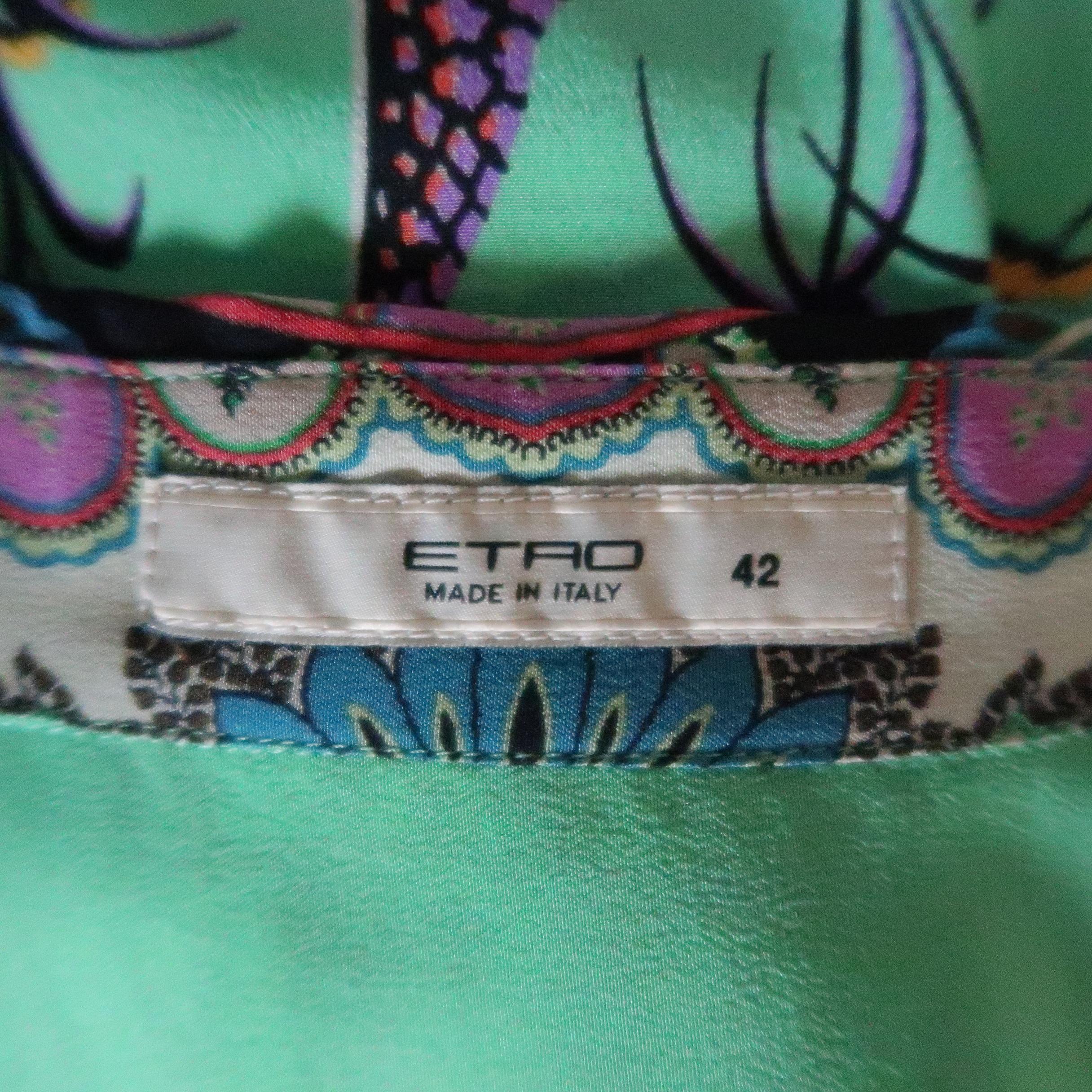 ETRO Size 6 Turqouise Green Paisy Bird Print Silk Blouse 5