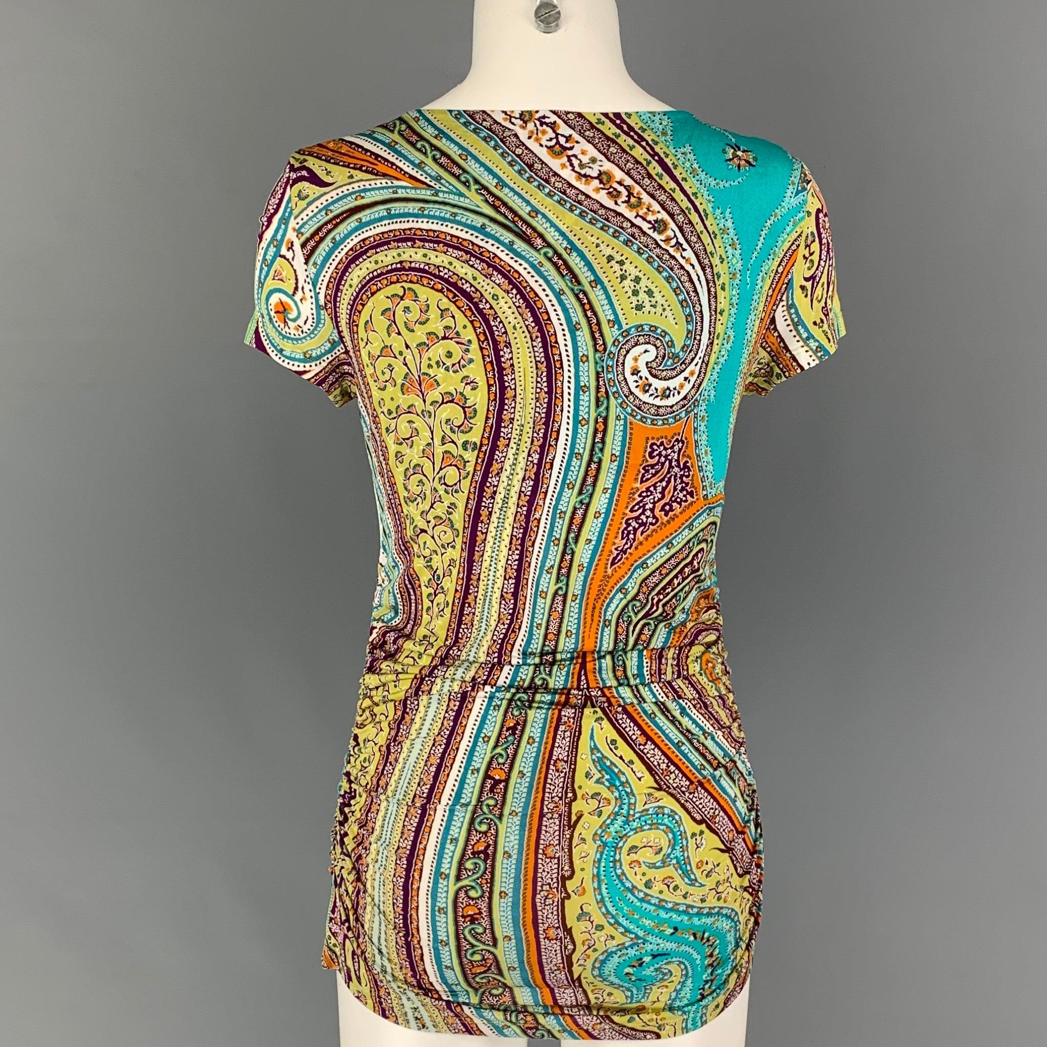 ETRO Size 6 Turquoise Orange Viscose Paisley Ruched Casual Top In Good Condition For Sale In San Francisco, CA