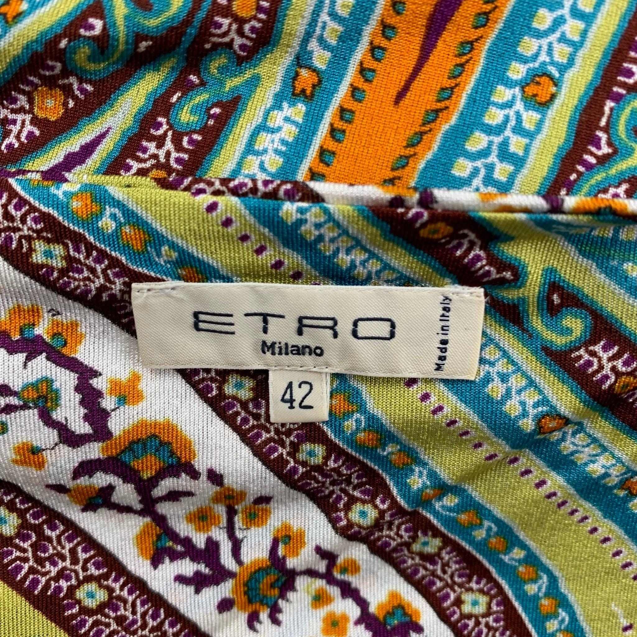 ETRO Size 6 Turquoise Orange Viscose Paisley Ruched Casual Top For Sale 1