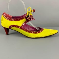 ETRO Size 7.5 Green Burgundy Suede Perforated Patent Leather Tassel Pumps