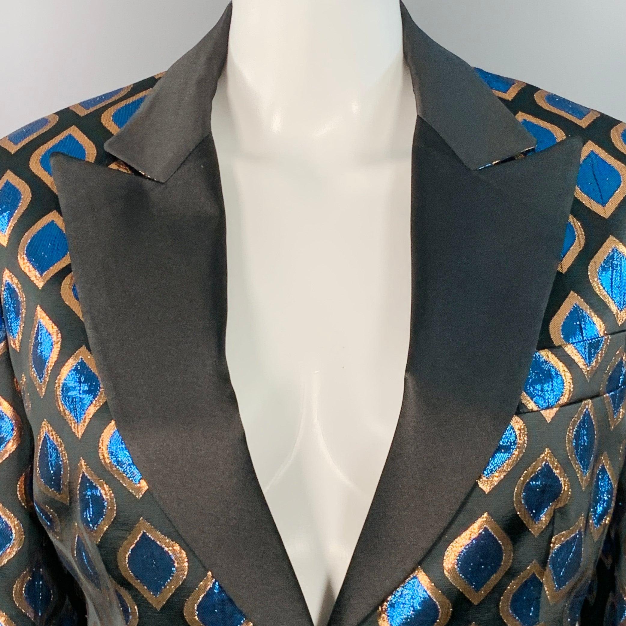 ETRO Größe 8 Schwarz Blau Metallisch Geometrisch Peak Revers Jacke Blazer im Zustand „Hervorragend“ im Angebot in San Francisco, CA