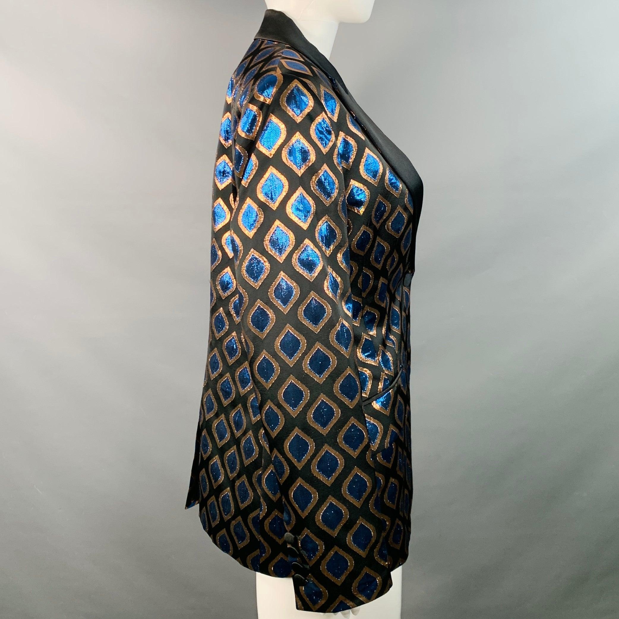 ETRO Größe 8 Schwarz Blau Metallisch Geometrisch Peak Revers Jacke Blazer Damen im Angebot