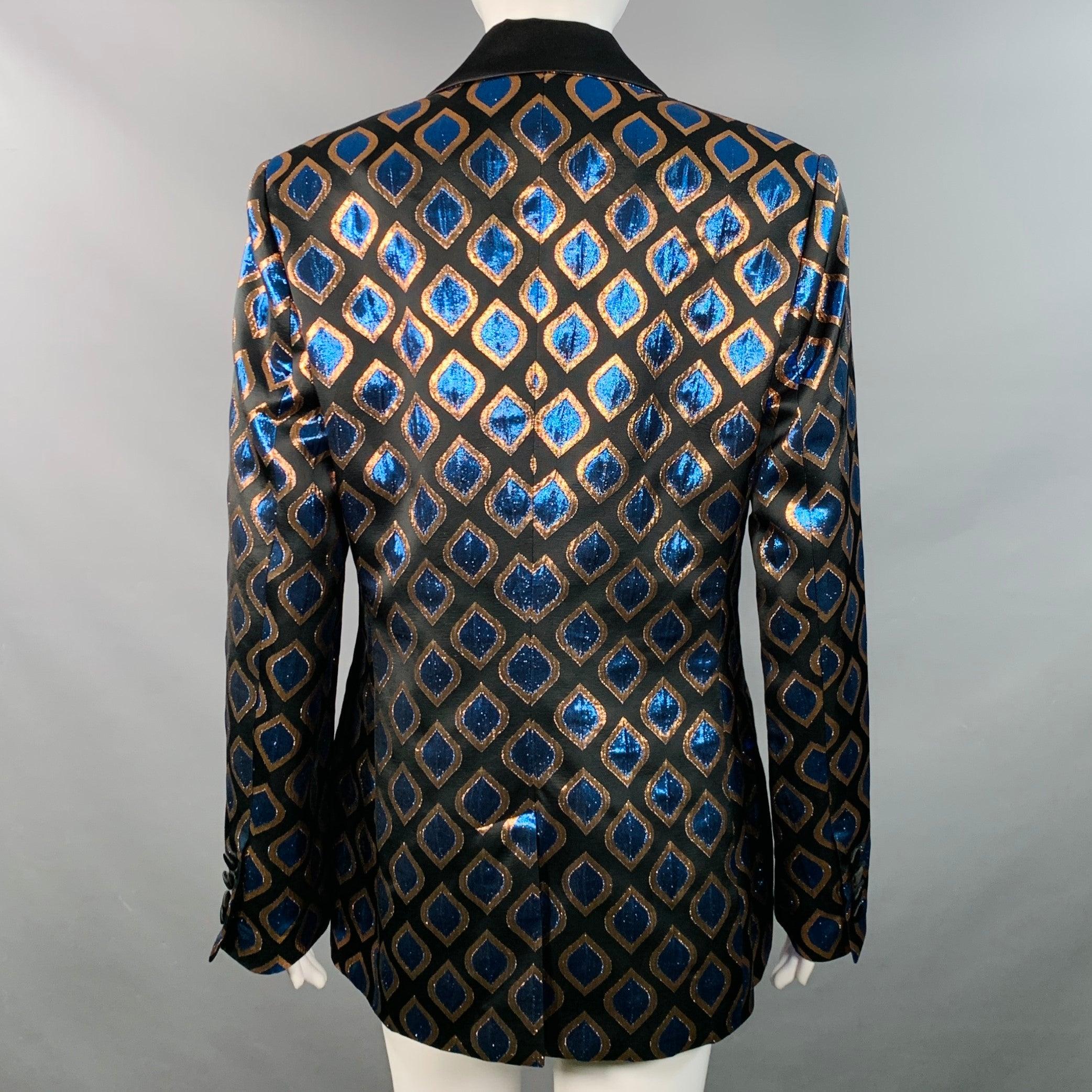 ETRO Größe 8 Schwarz Blau Metallisch Geometrisch Peak Revers Jacke Blazer im Angebot 1
