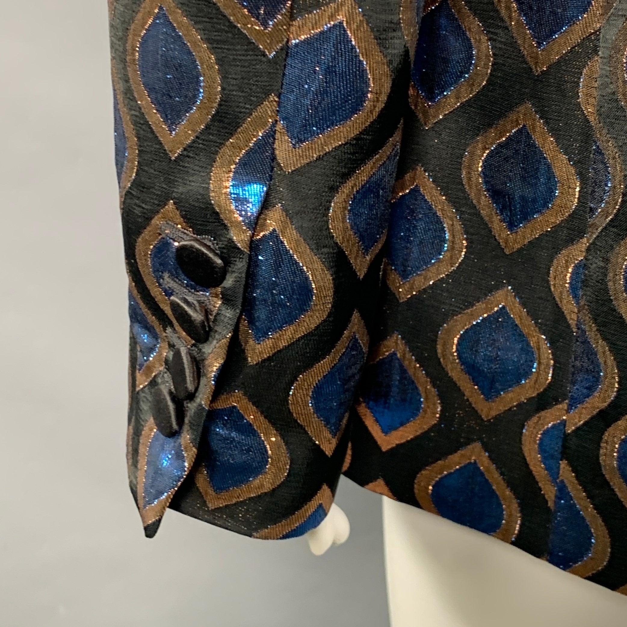 ETRO Größe 8 Schwarz Blau Metallisch Geometrisch Peak Revers Jacke Blazer im Angebot 2