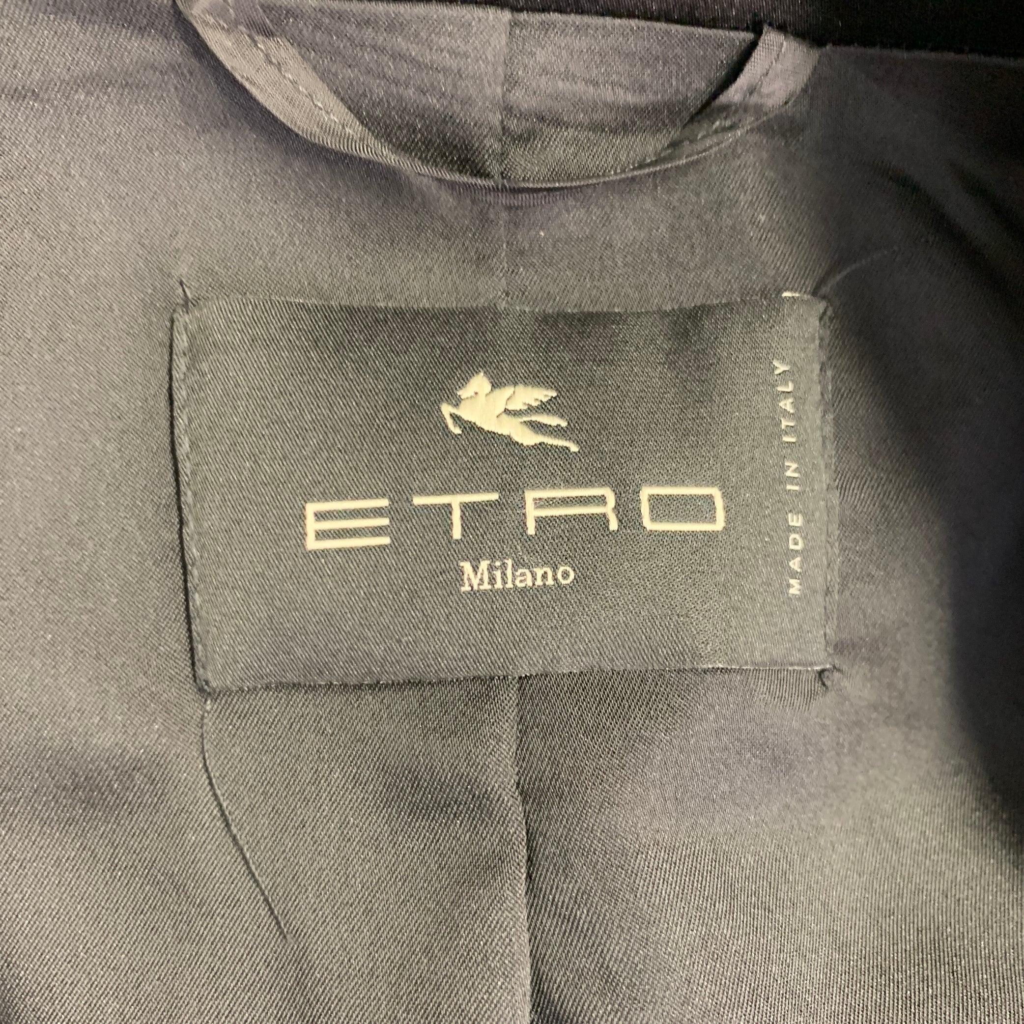 ETRO Größe 8 Schwarz Blau Metallisch Geometrisch Peak Revers Jacke Blazer im Angebot 3