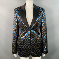 ETRO Größe 8 Schwarz Blau Metallisch Geometrisch Peak Revers Jacke Blazer
