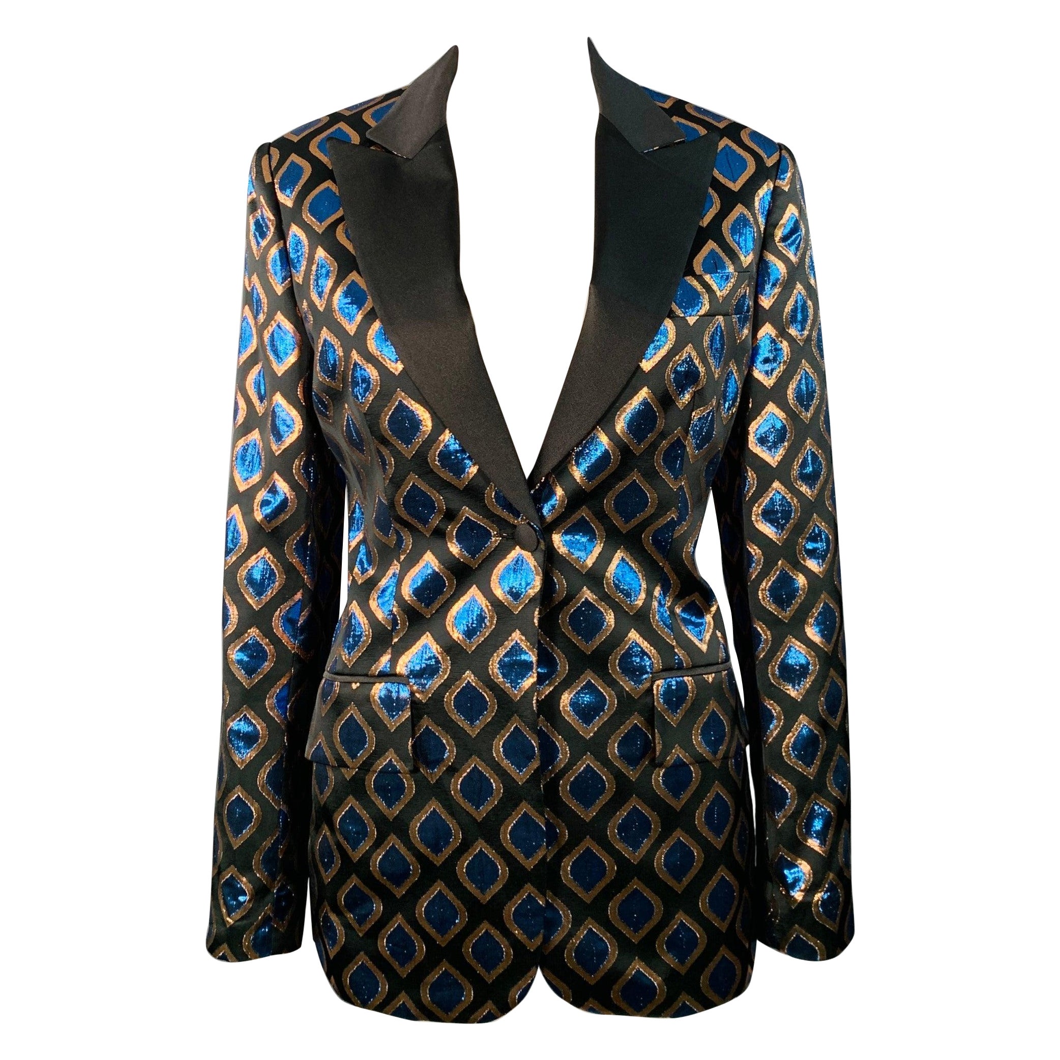 ETRO Größe 8 Schwarz Blau Metallisch Geometrisch Peak Revers Jacke Blazer im Angebot