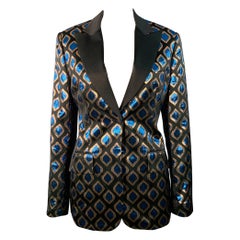ETRO Size 8 Black Blue Metallic Geometric Peak Lapel Jacket Blazer