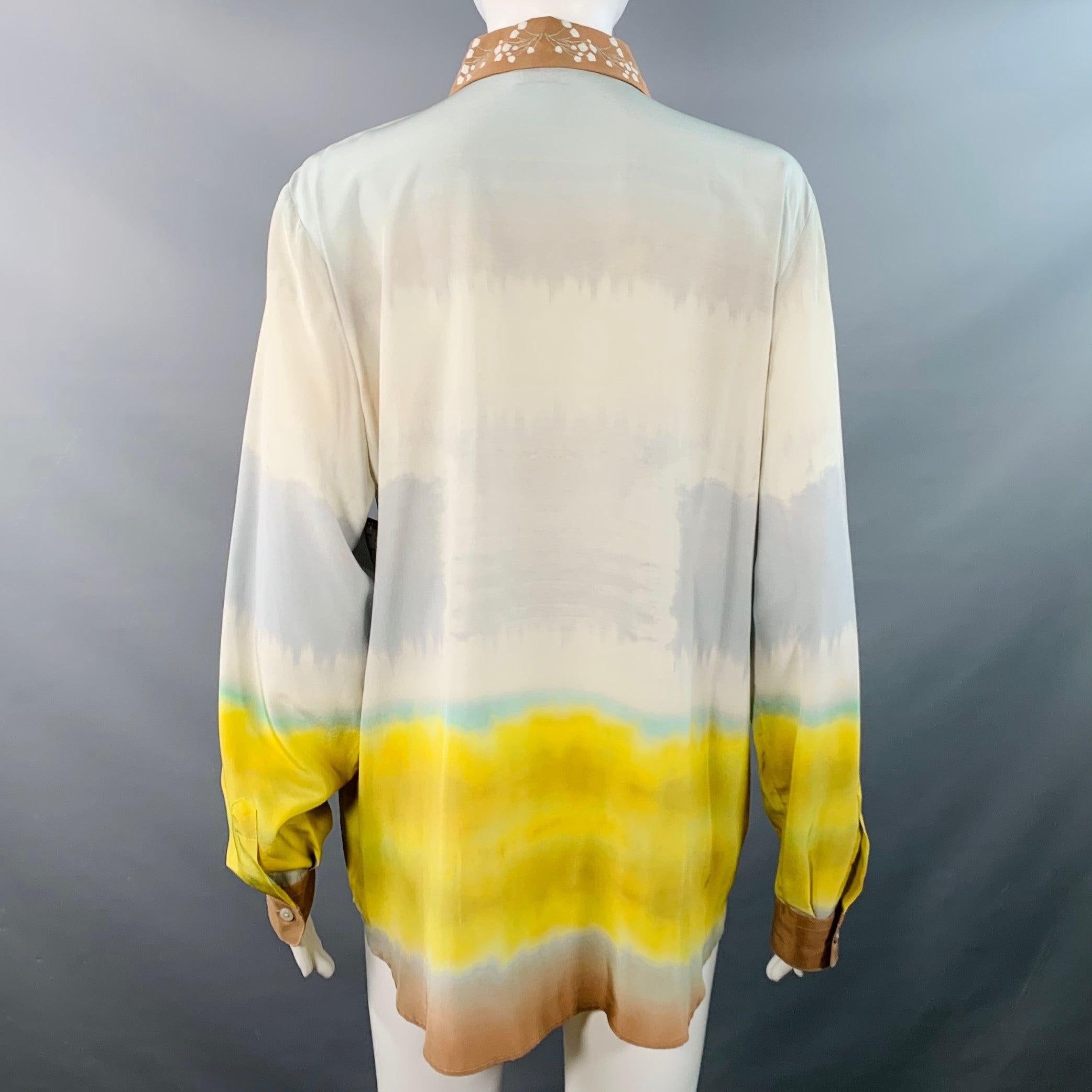 ETRO Größe 8 Blau Mehrfarbig Seide Vögel drucken Kontrast Trim Bluse im Zustand „Hervorragend“ im Angebot in San Francisco, CA
