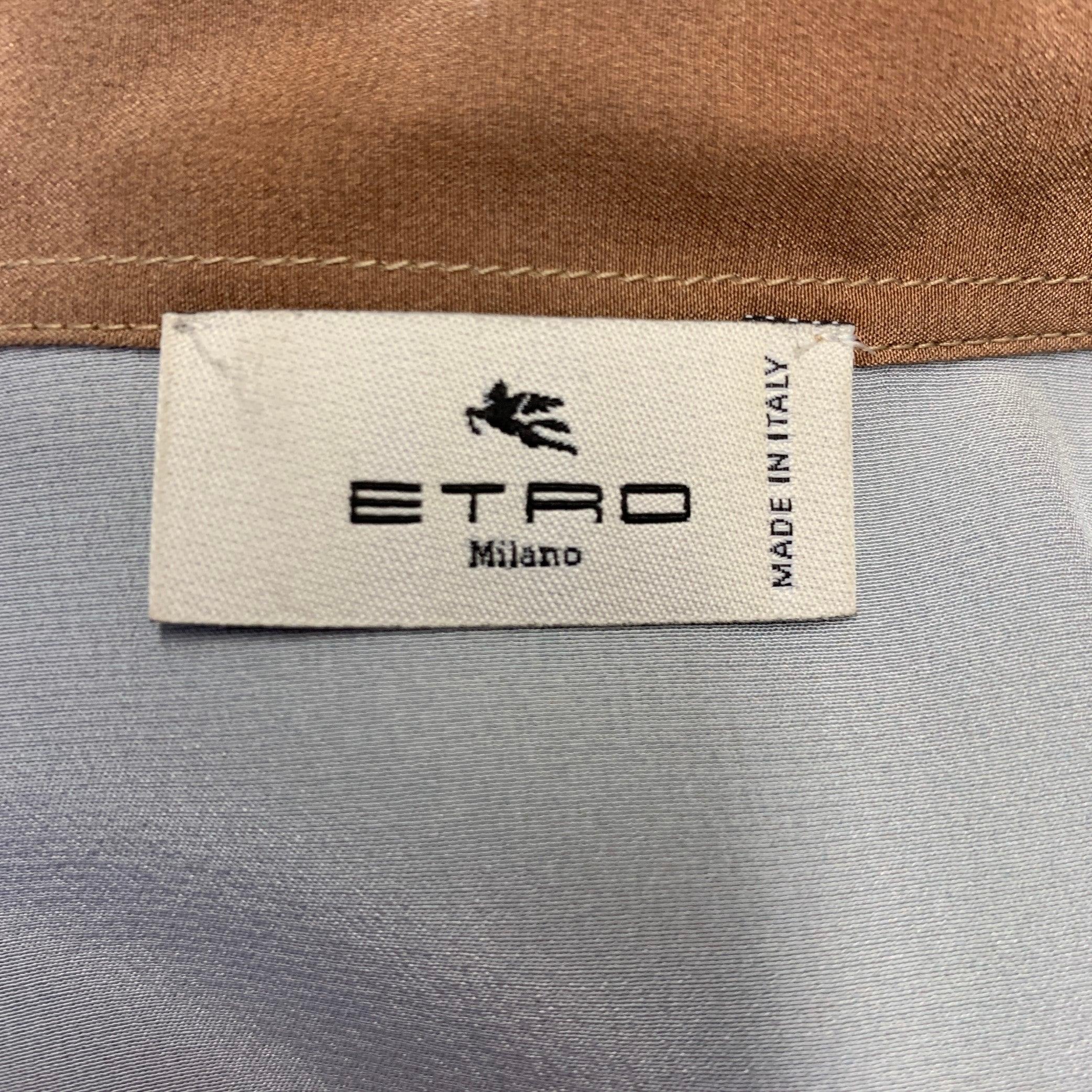 ETRO Größe 8 Blau Mehrfarbig Seide Vögel drucken Kontrast Trim Bluse Damen im Angebot