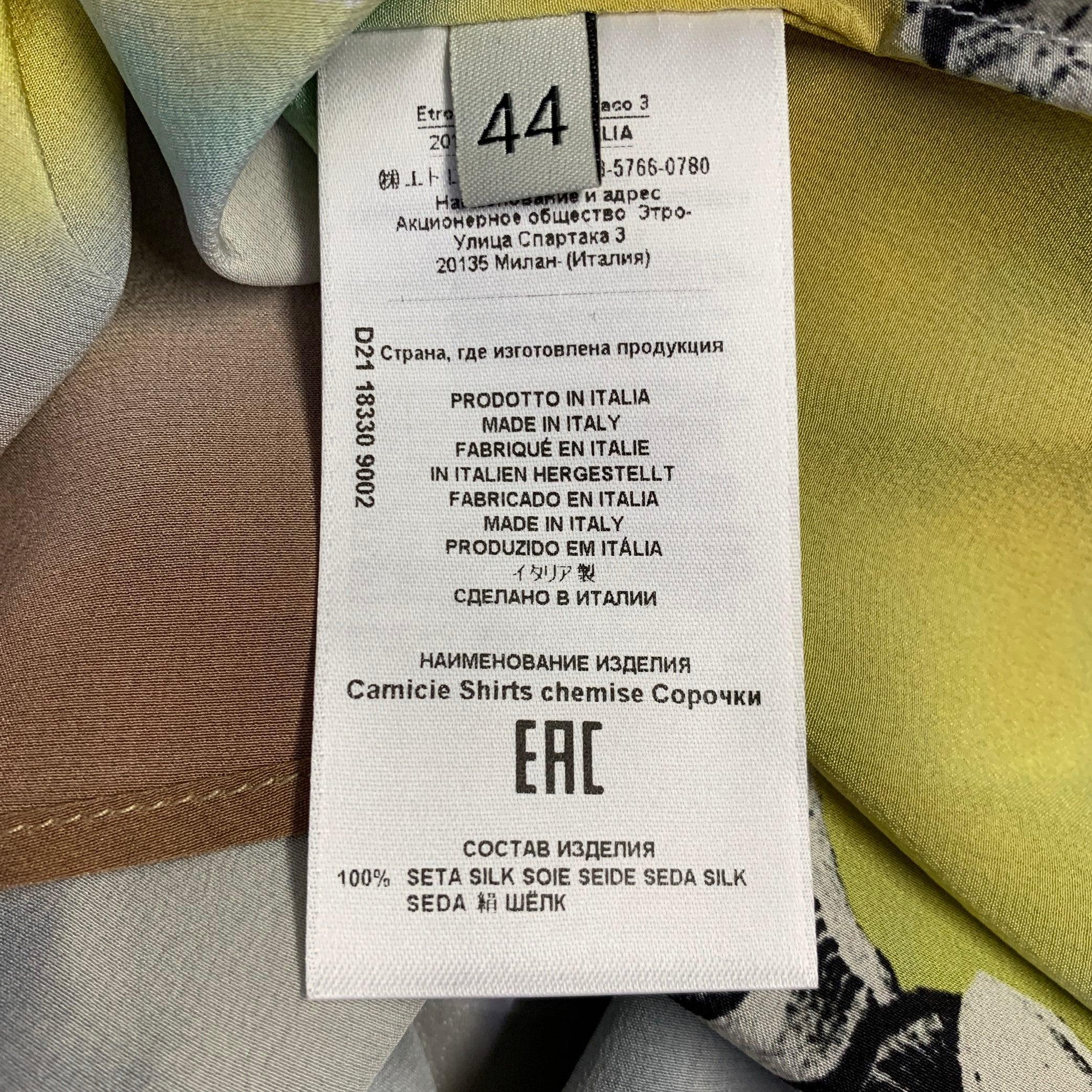 ETRO Größe 8 Blau Mehrfarbig Seide Vögel drucken Kontrast Trim Bluse im Angebot 1