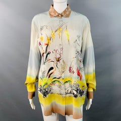 ETRO Größe 8 Blau Mehrfarbig Seide Vögel drucken Kontrast Trim Bluse