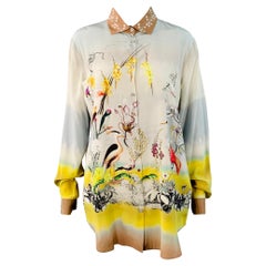ETRO Talla 8 Azul Multi Color Seda Estampado Pájaros Blusa Ribetes Contraste
