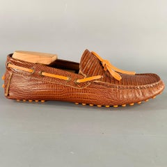 ETRO Size 8 Brown Cognac Embossed Leather Drivers Loafers