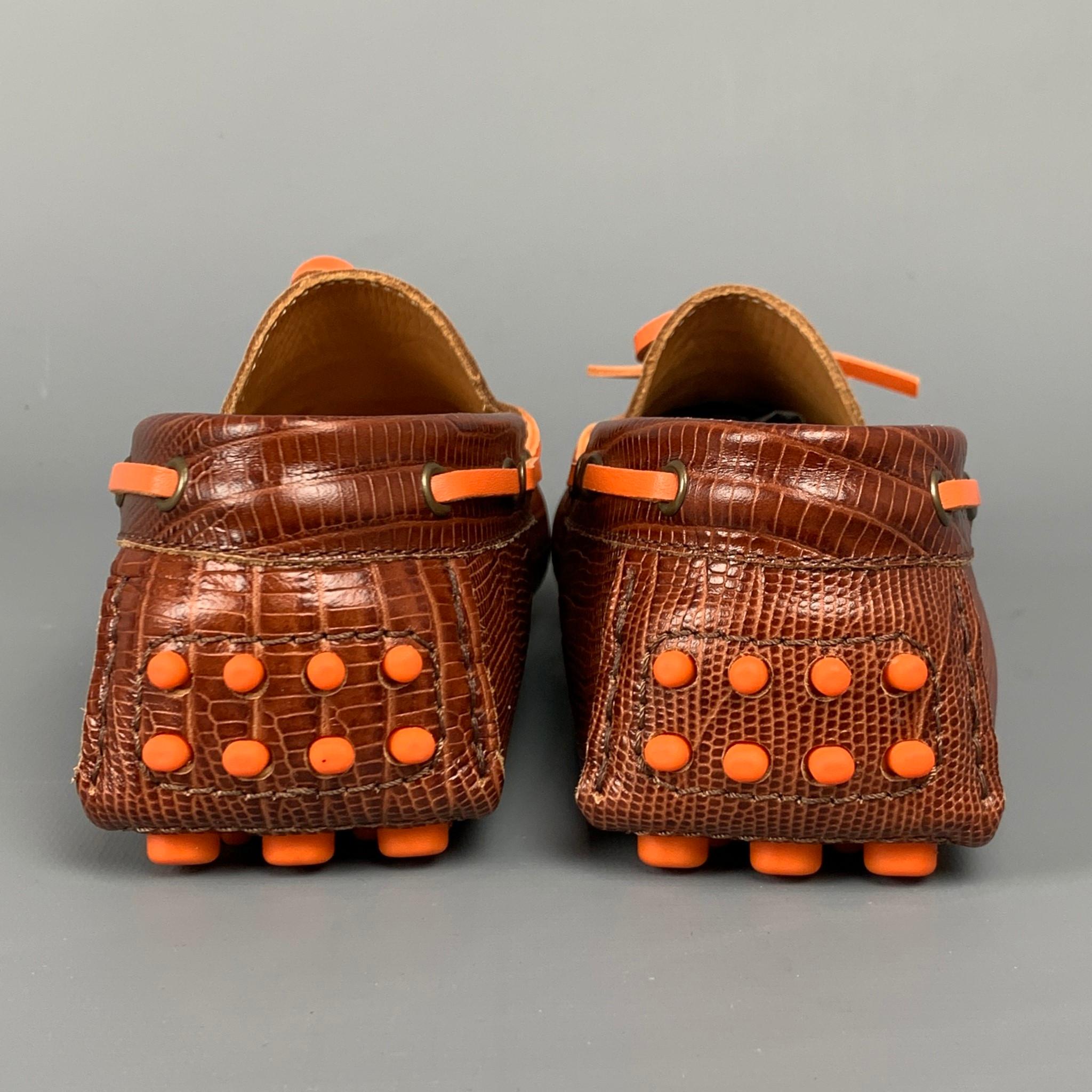 Brown ETRO Size 8 Cognac Embossed Leather Drivers Loafers