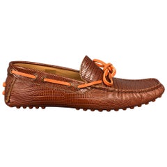 ETRO Size 8 Cognac Embossed Leather Drivers Loafers
