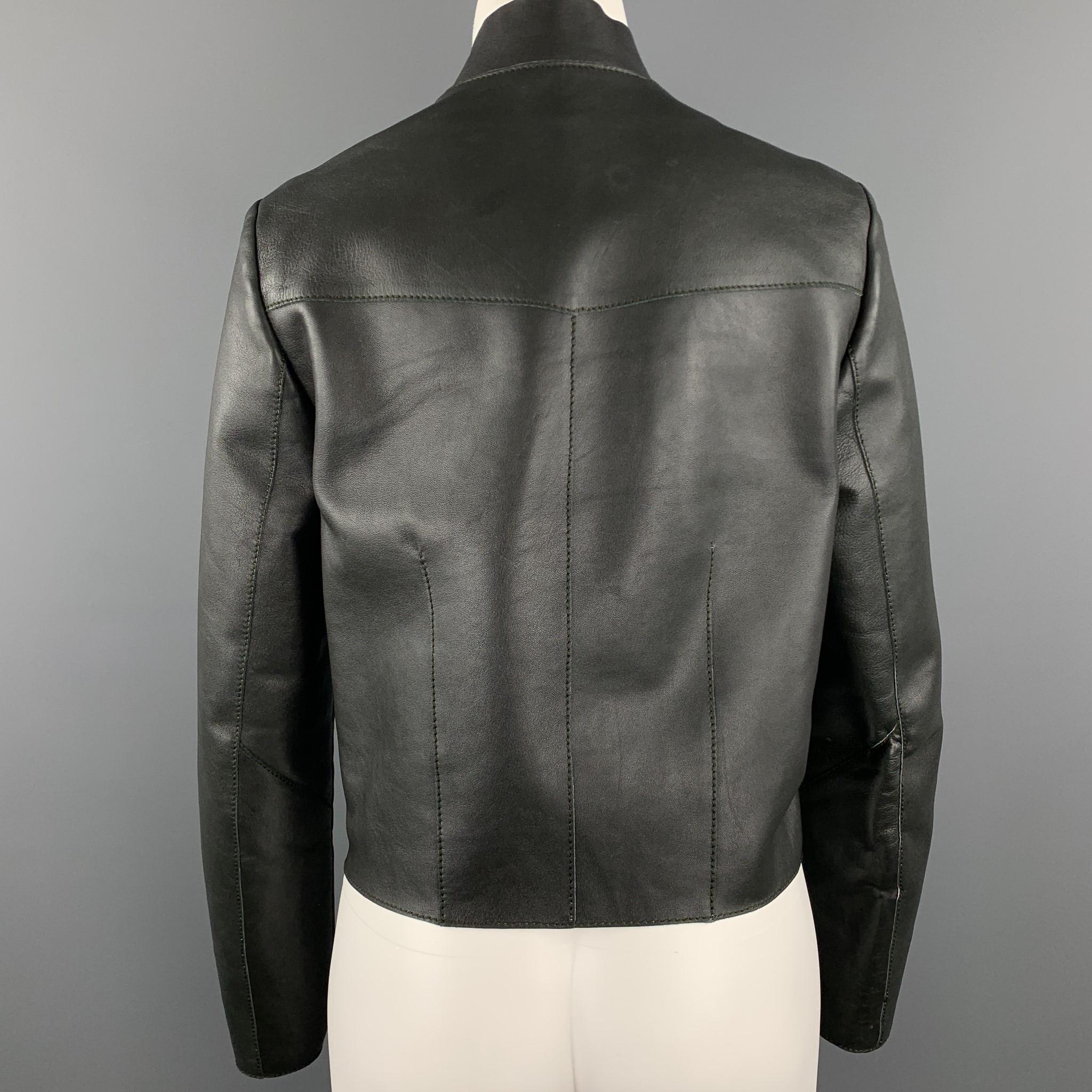 ETRO Size 8 Dark Green Leather High Collar Hidden Placket Jacket In Excellent Condition In San Francisco, CA