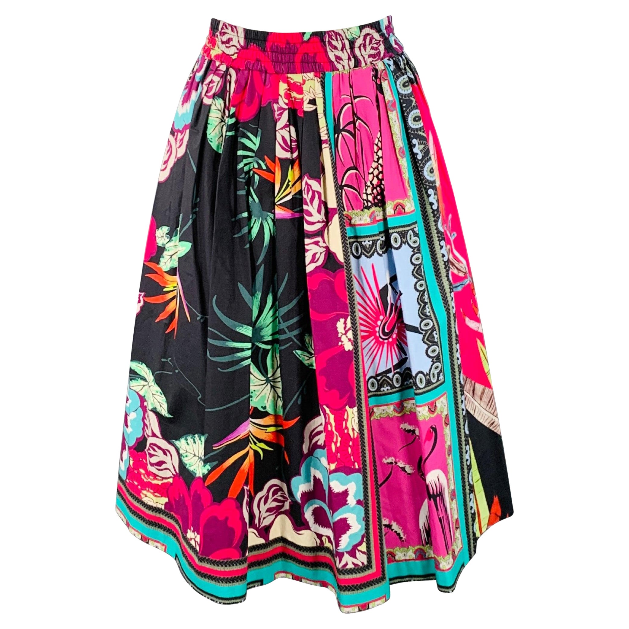 ETRO Size 8 Multi-Color Cotton Mixed Florals Elastic Waistband Midi Skirt For Sale