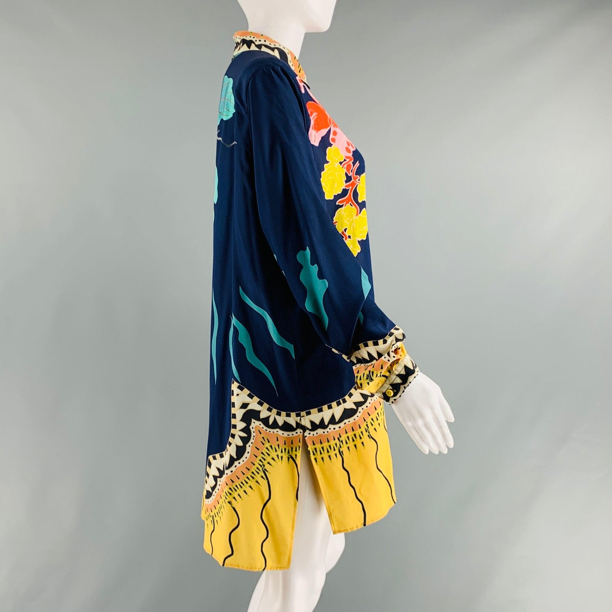 ETRO Size 8 Navy Multi-Color Silk Floral Long Dress Top In Excellent Condition For Sale In San Francisco, CA