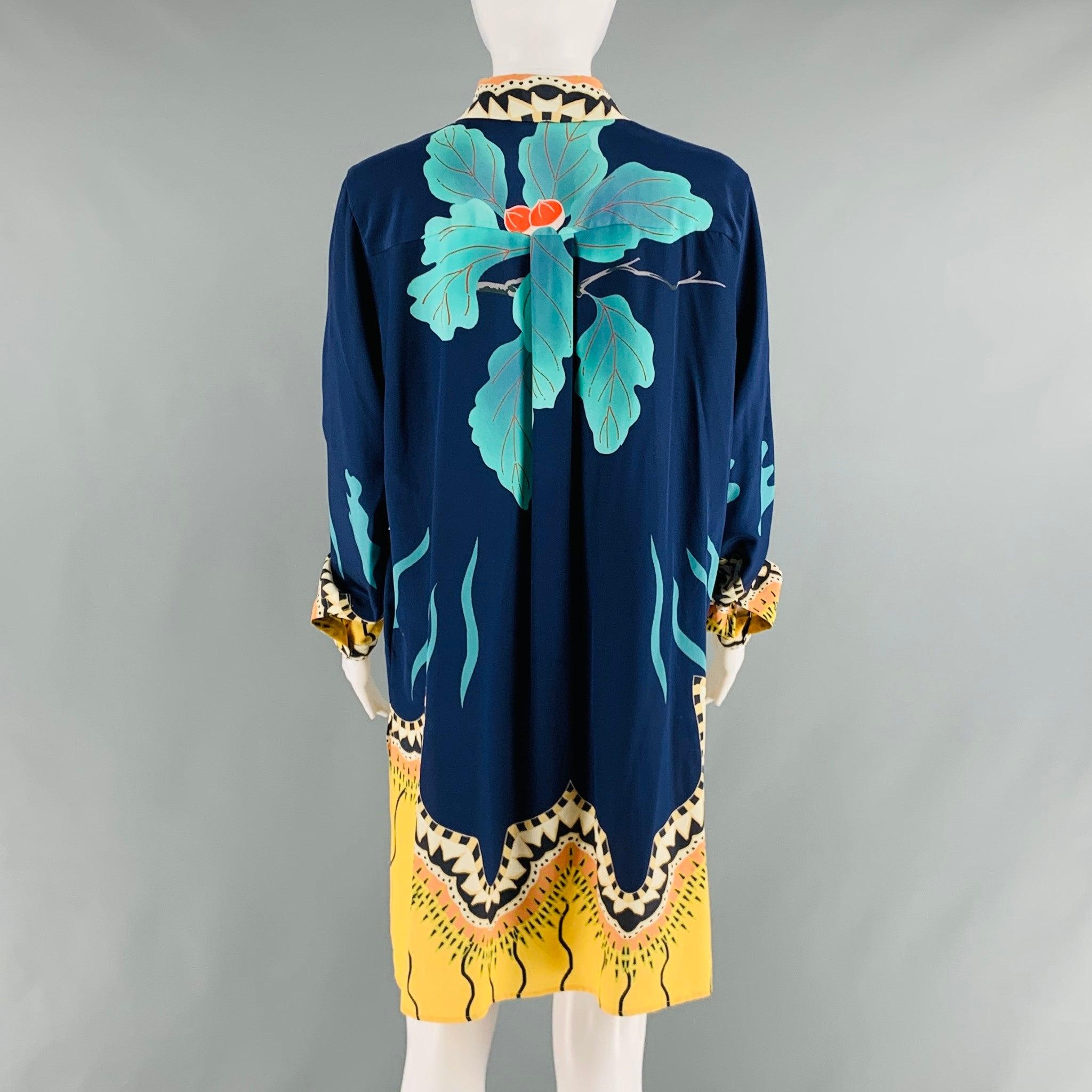 Women's ETRO Size 8 Navy Multi-Color Silk Floral Long Dress Top For Sale