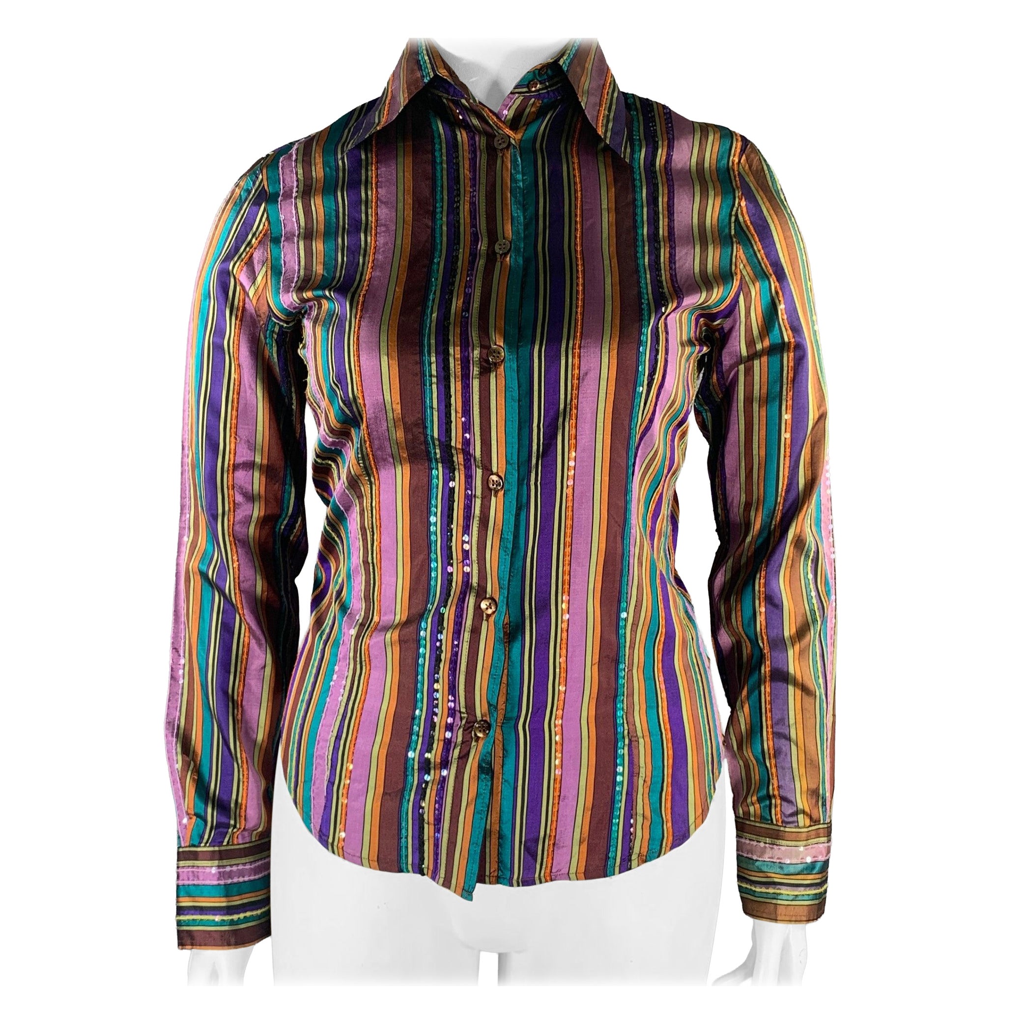 ETRO Talla 8 Camisa de rayas de seda púrpura óxido con cuello puntiagudo