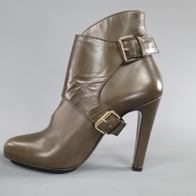 ETRO Size 9 Olive Taupe Green Leather Harness Platform Booties In Excellent Condition In San Francisco, CA