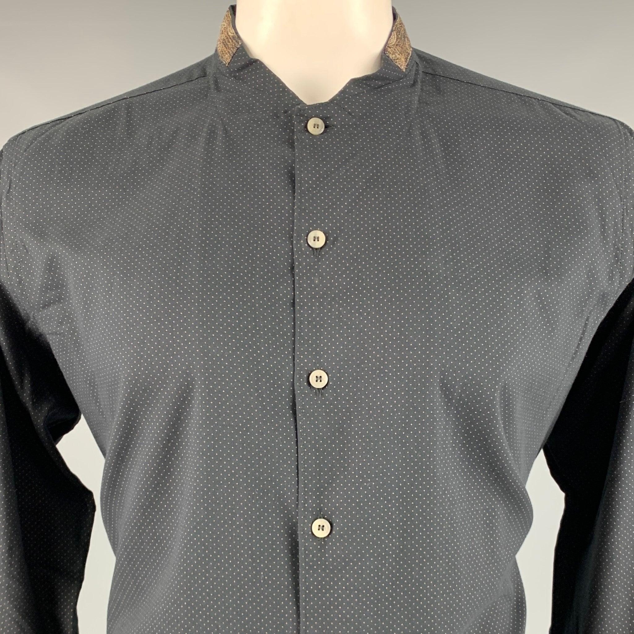 Men's ETRO Size L Black Brown Dots Wool Collarless Long Sleeve Shirt For Sale