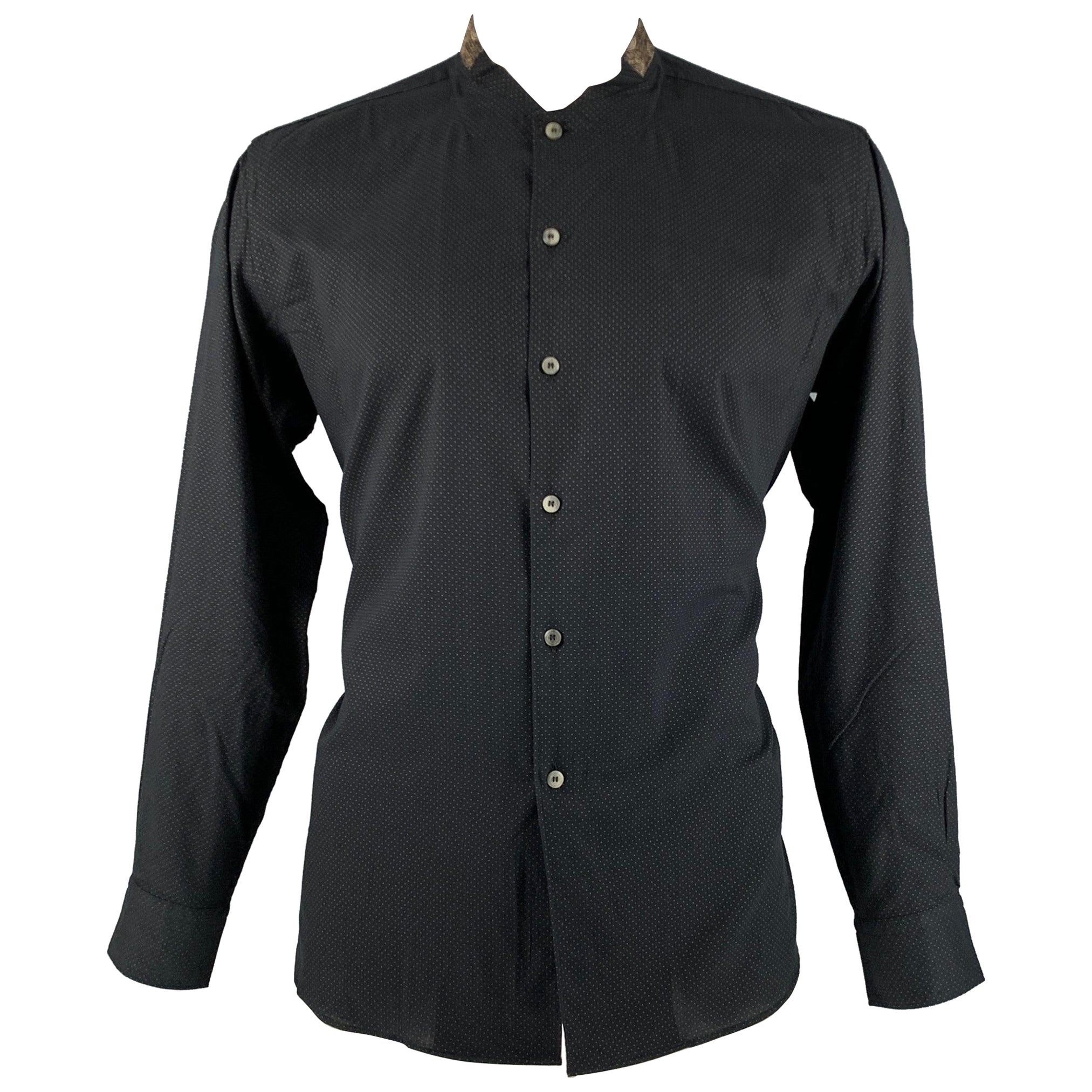 ETRO Talla L Negro Marrón Lunares Lana Sin Cuello Camisa Manga Larga