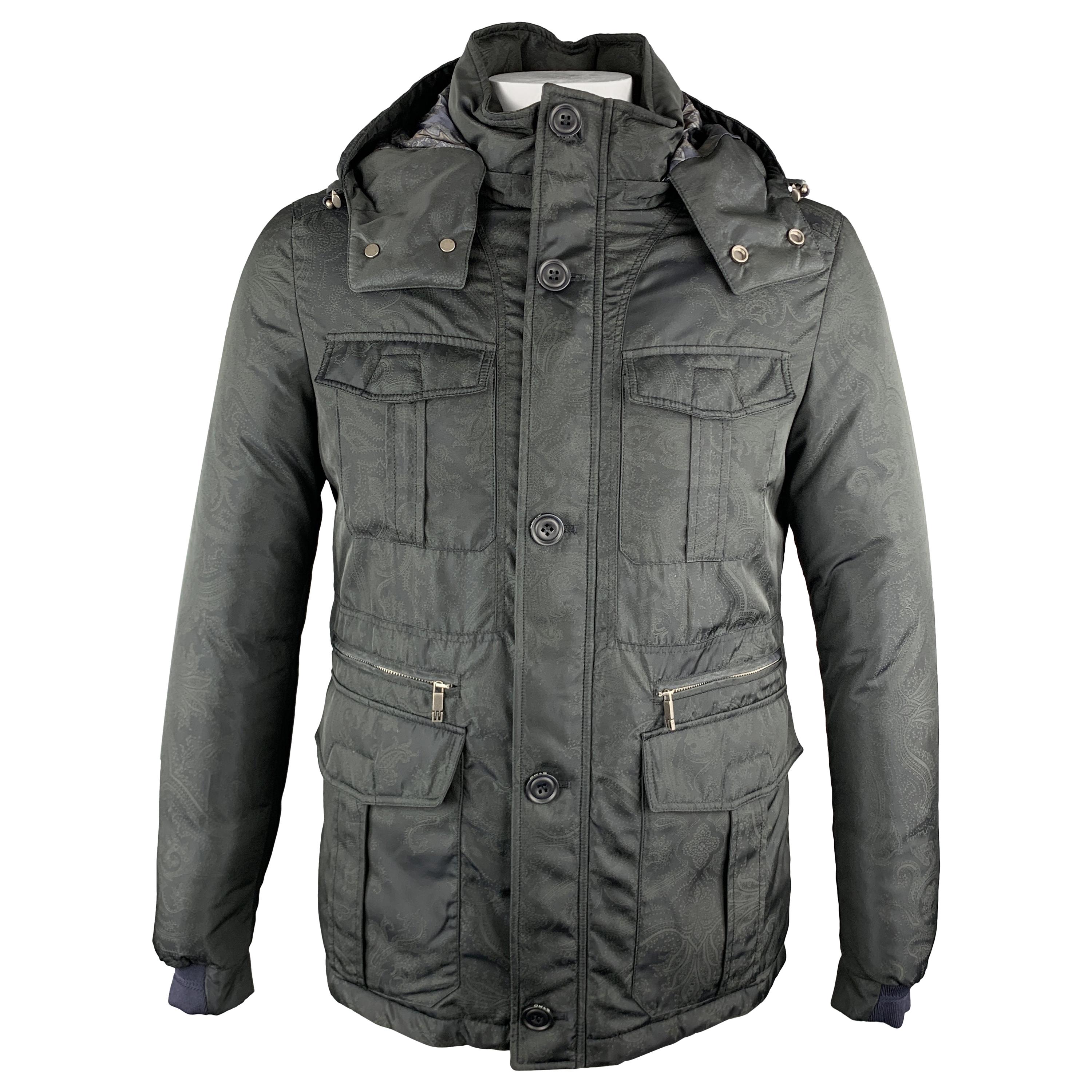 ETRO Size L Black Paisley Print Polyester Down Filled Detachable Hood Jacket