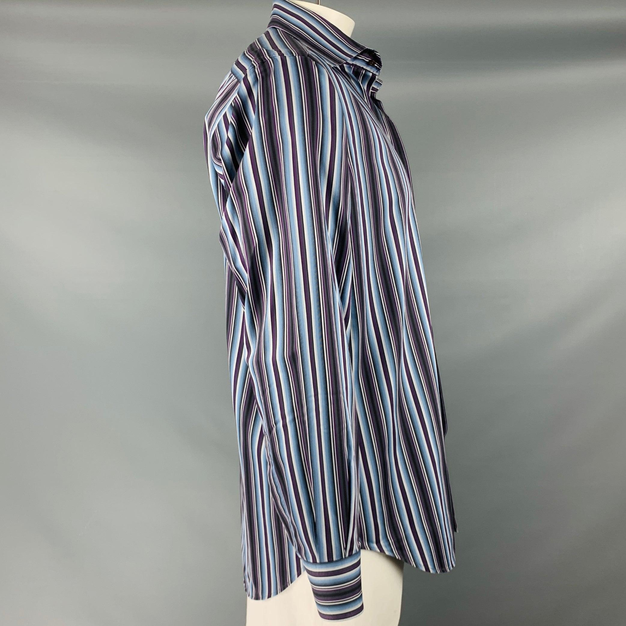 Black ETRO Size L Blue Purple Stripe Cotton Button Up Long Sleeve Shirt