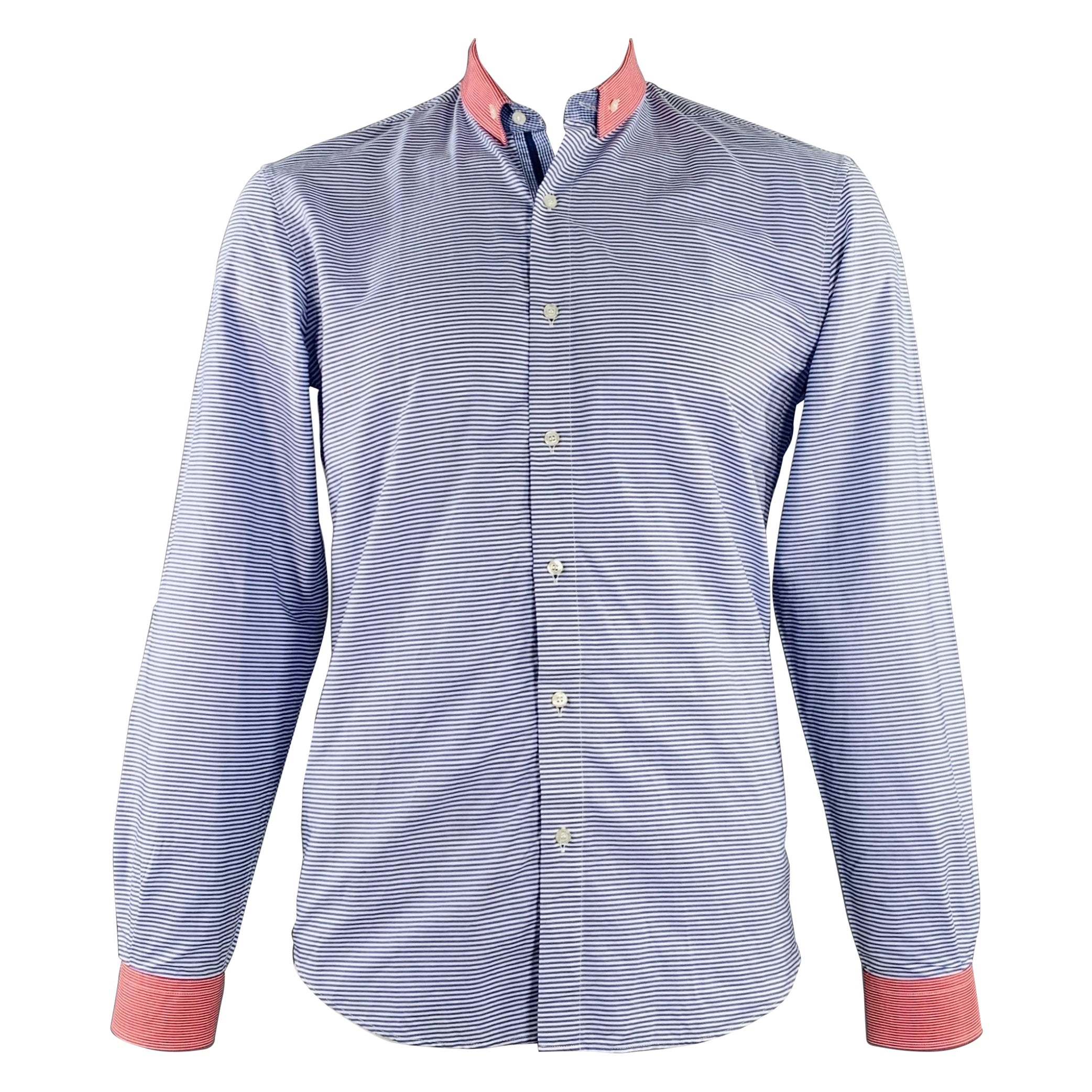 ETRO Size L Blue White Red Stripe Long Sleeve Shirt