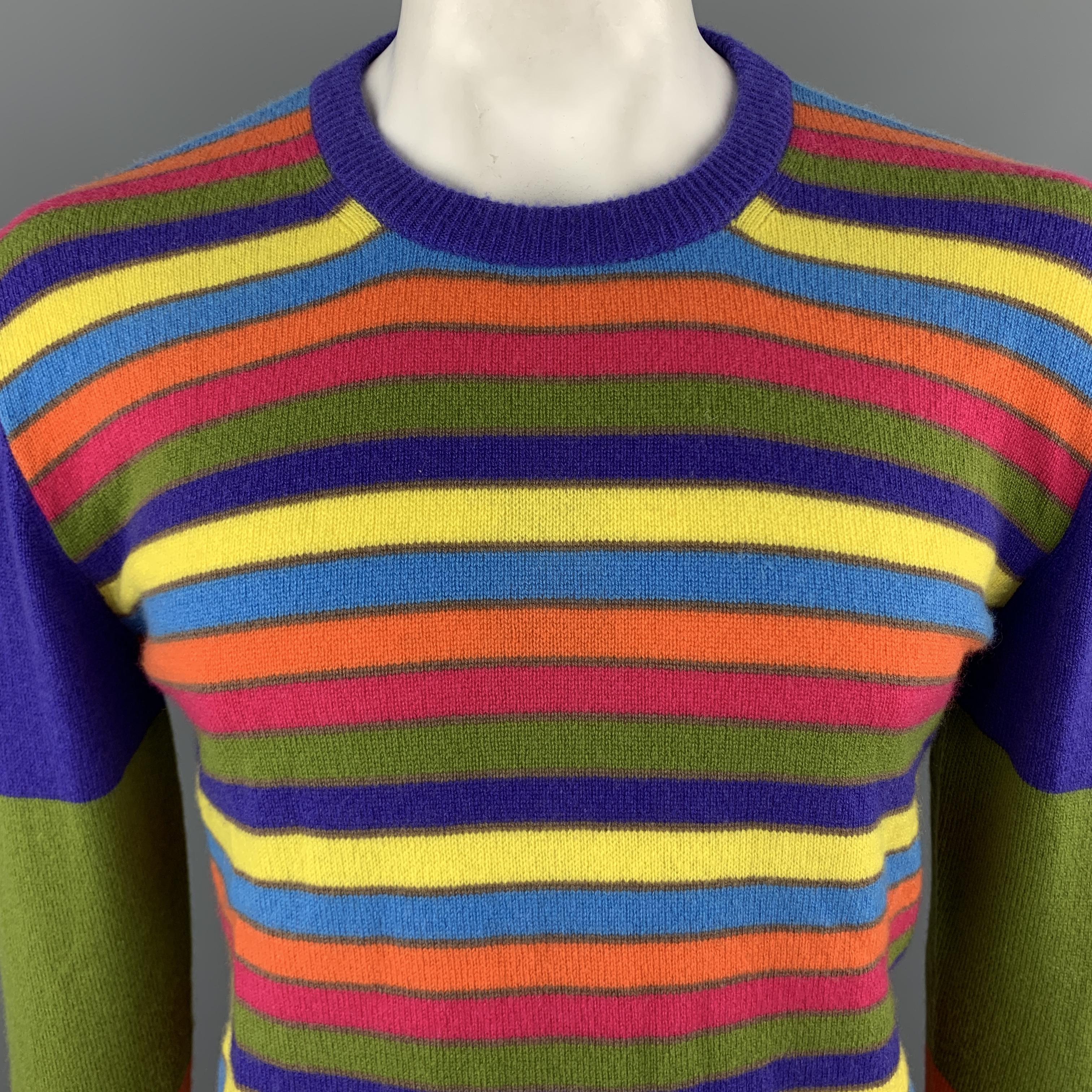 ETRO Pullover Sweater comes in multi-color tones in a striped cashmere material, with a crewneck, and ribbed cuffs and hem. 

Excellent Pre-Owned Condition.
Marked: L

Measurements:

Shoulder: 18.5 in. 
Chest: 42 in. 
Sleeve: 26.5 in. 
Length: 28 in.