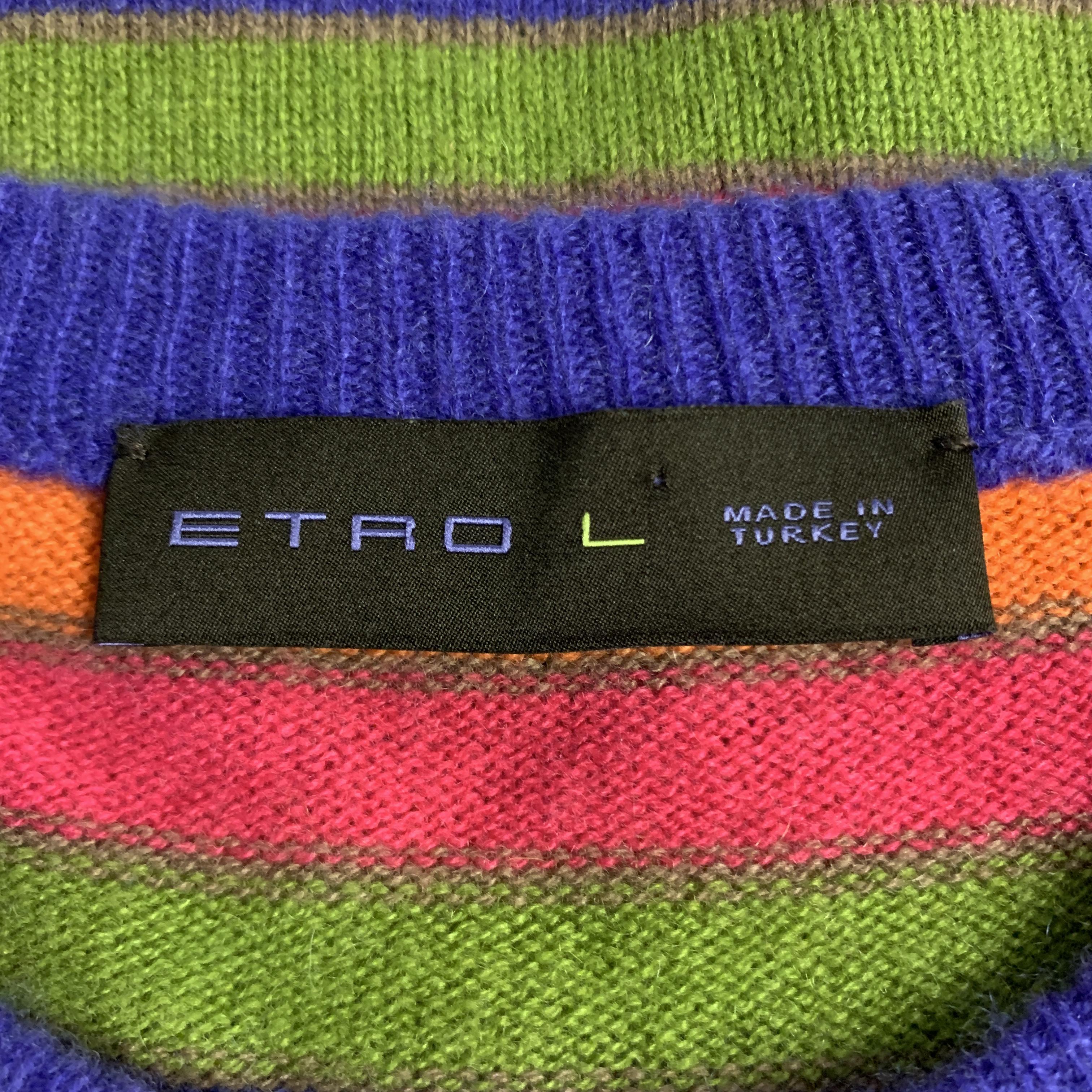 ETRO Size L Multi-Color Stripe Cashmere Crew-Neck Pullover Sweater In Excellent Condition In San Francisco, CA