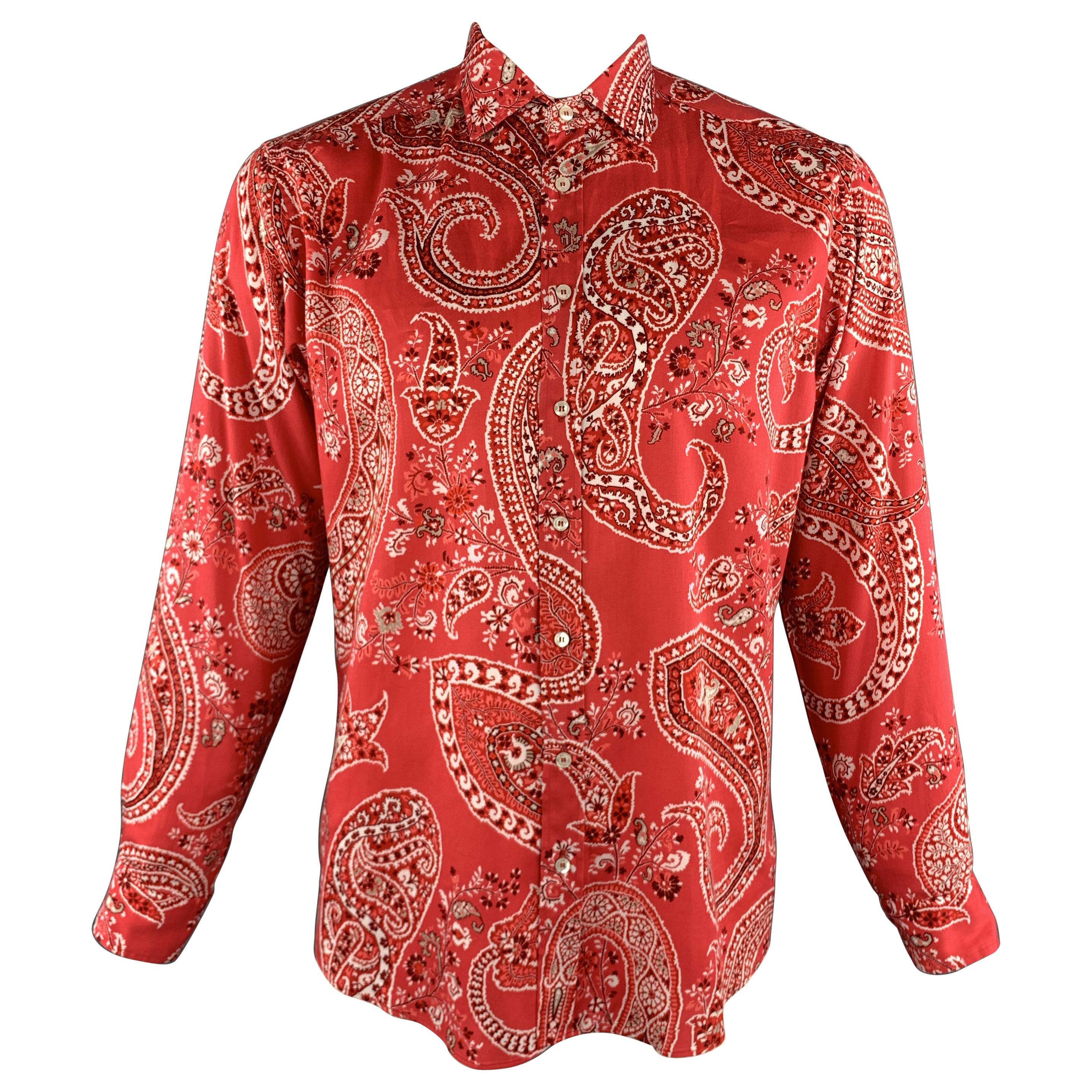 ETRO Size L Muted Red Paisley Cotton Button Up Long Sleeve Shirt 