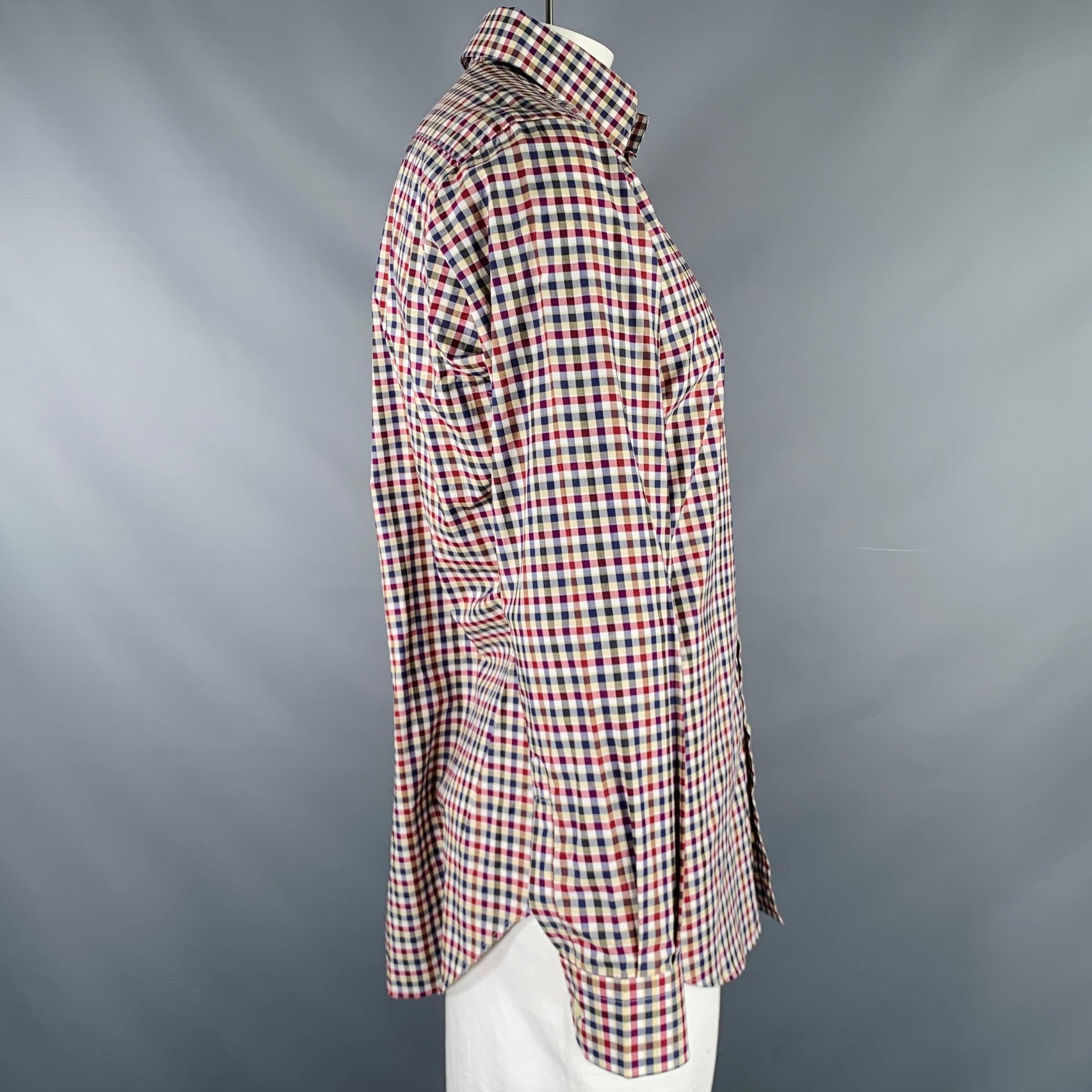 Gray ETRO Size L Navy Burgundy Checkered Cotton Button Up Long Sleeve Shirt For Sale