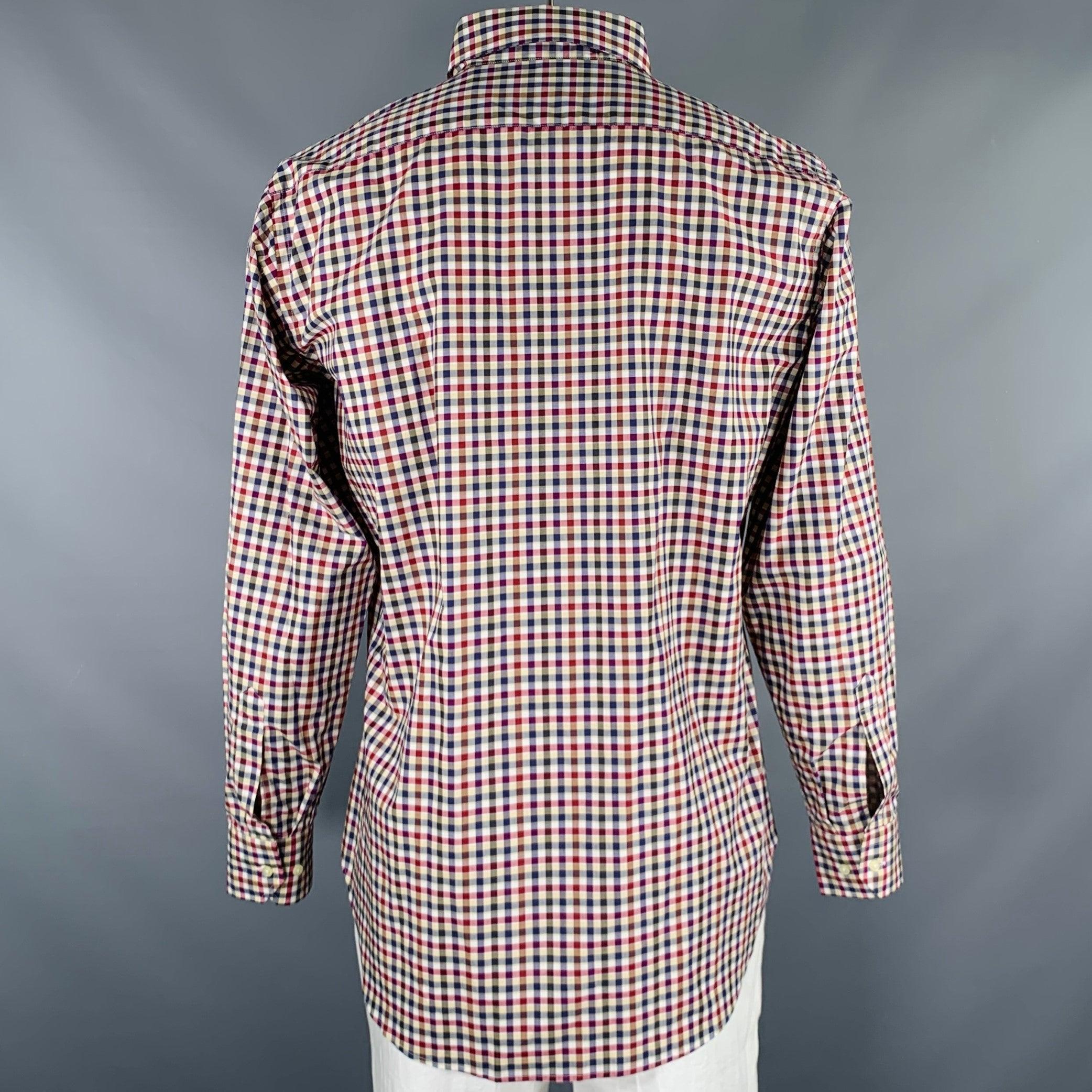 ETRO Size L Navy Burgundy Checkered Cotton Button Up Long Sleeve Shirt In Excellent Condition For Sale In San Francisco, CA