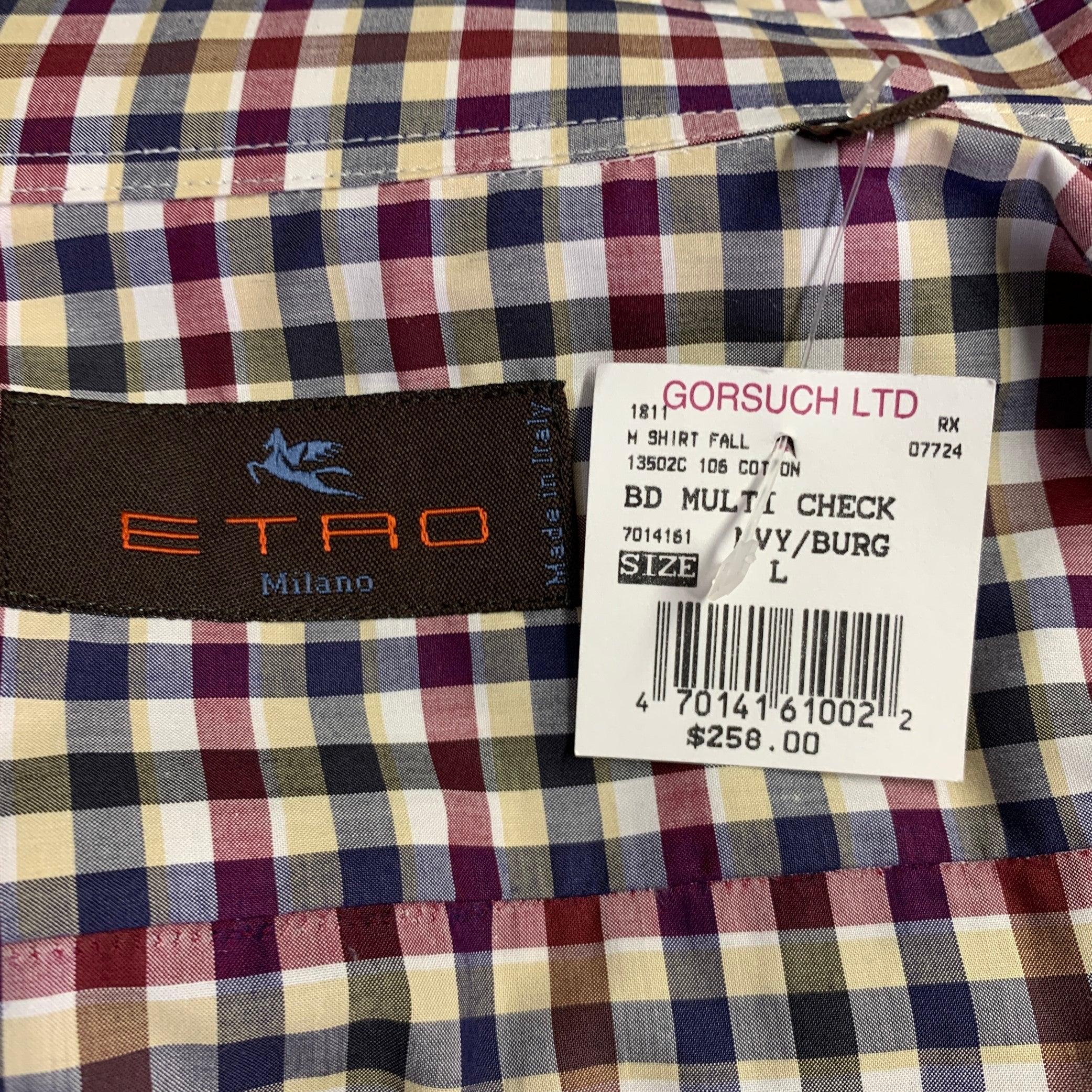 Men's ETRO Size L Navy Burgundy Checkered Cotton Button Up Long Sleeve Shirt For Sale