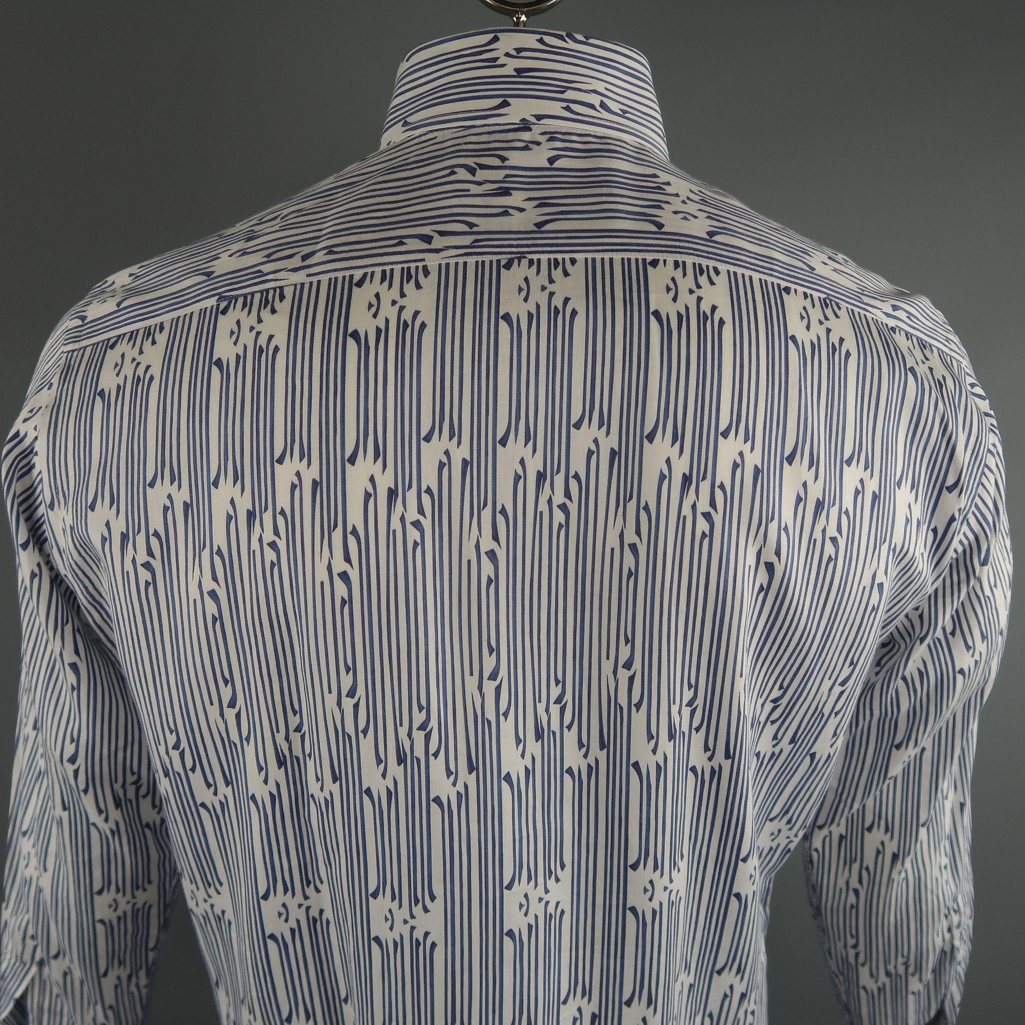 ETRO Size L Navy & White Print Cotton Long Sleeve Shirt In Excellent Condition In San Francisco, CA