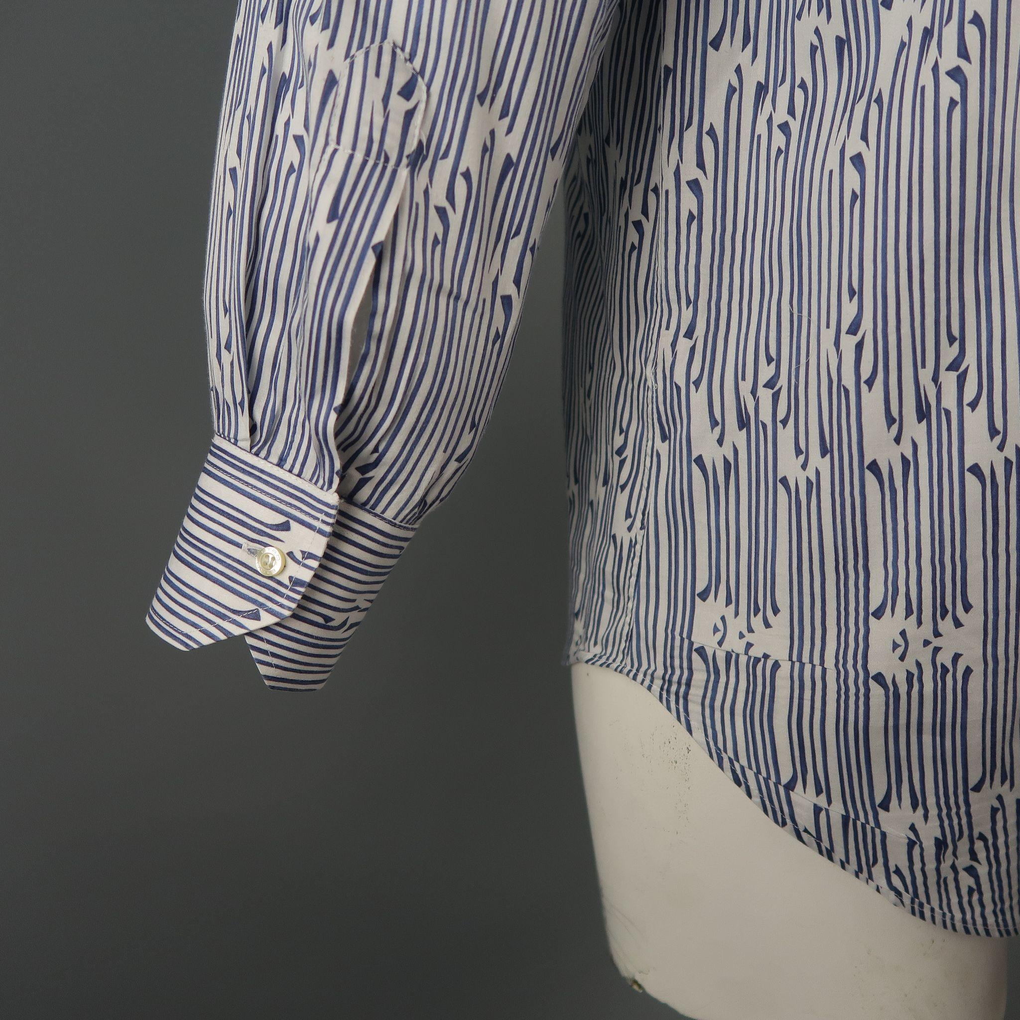 Men's ETRO Size L Navy & White Print Cotton Long Sleeve Shirt