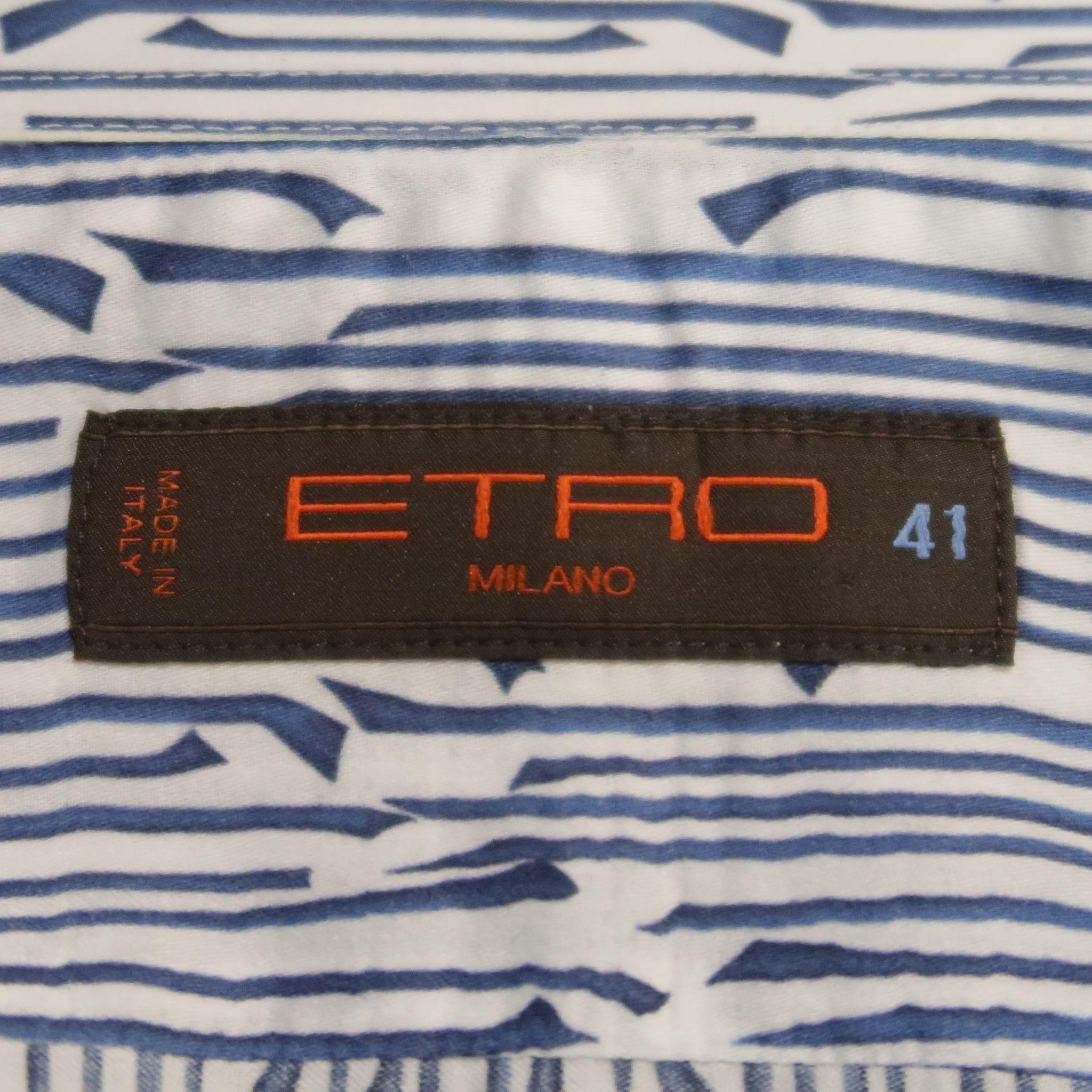 ETRO Size L Navy & White Print Cotton Long Sleeve Shirt 1