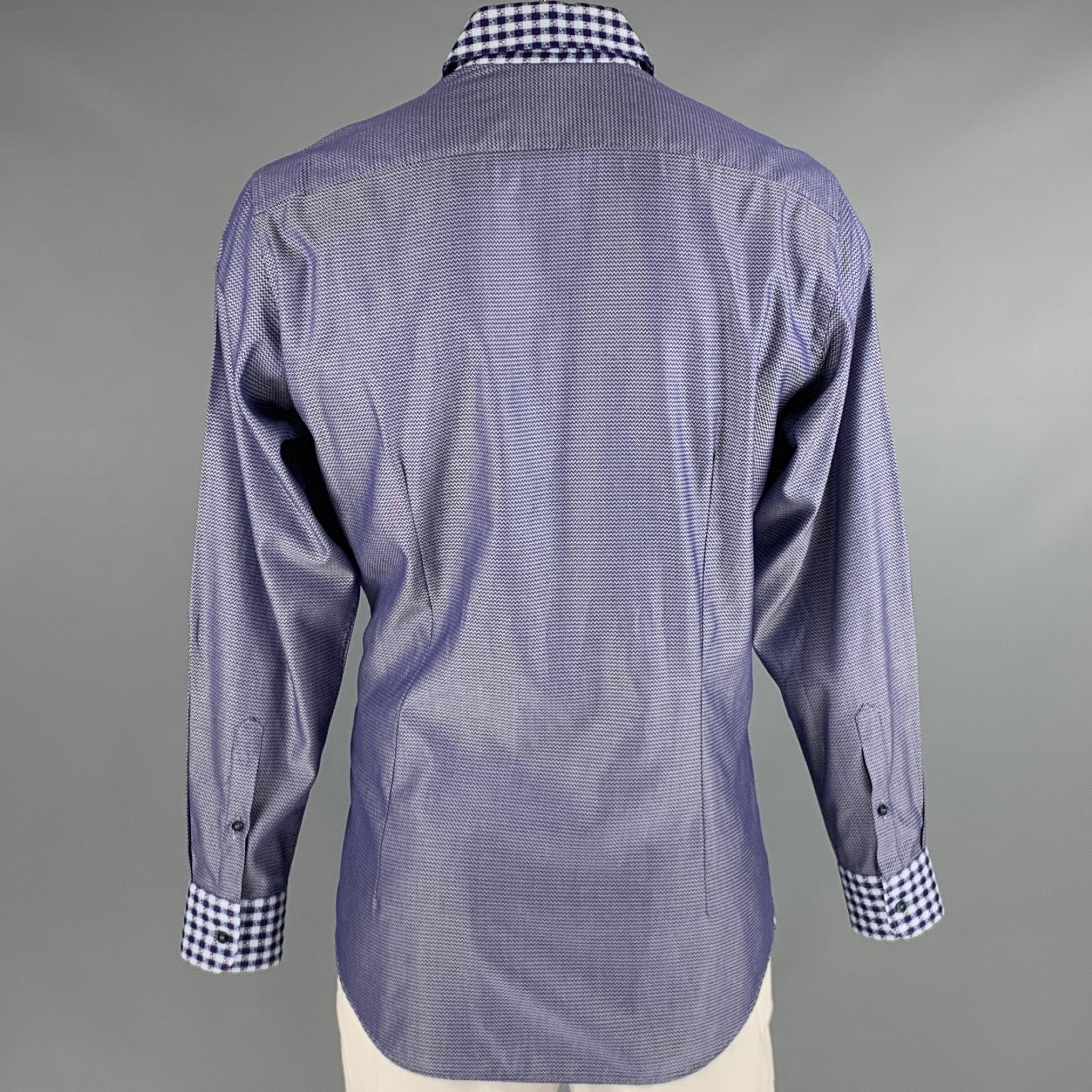 ETRO Size L Navy White Zig Zag Cotton Button Up Long Sleeve Shirt In Excellent Condition For Sale In San Francisco, CA