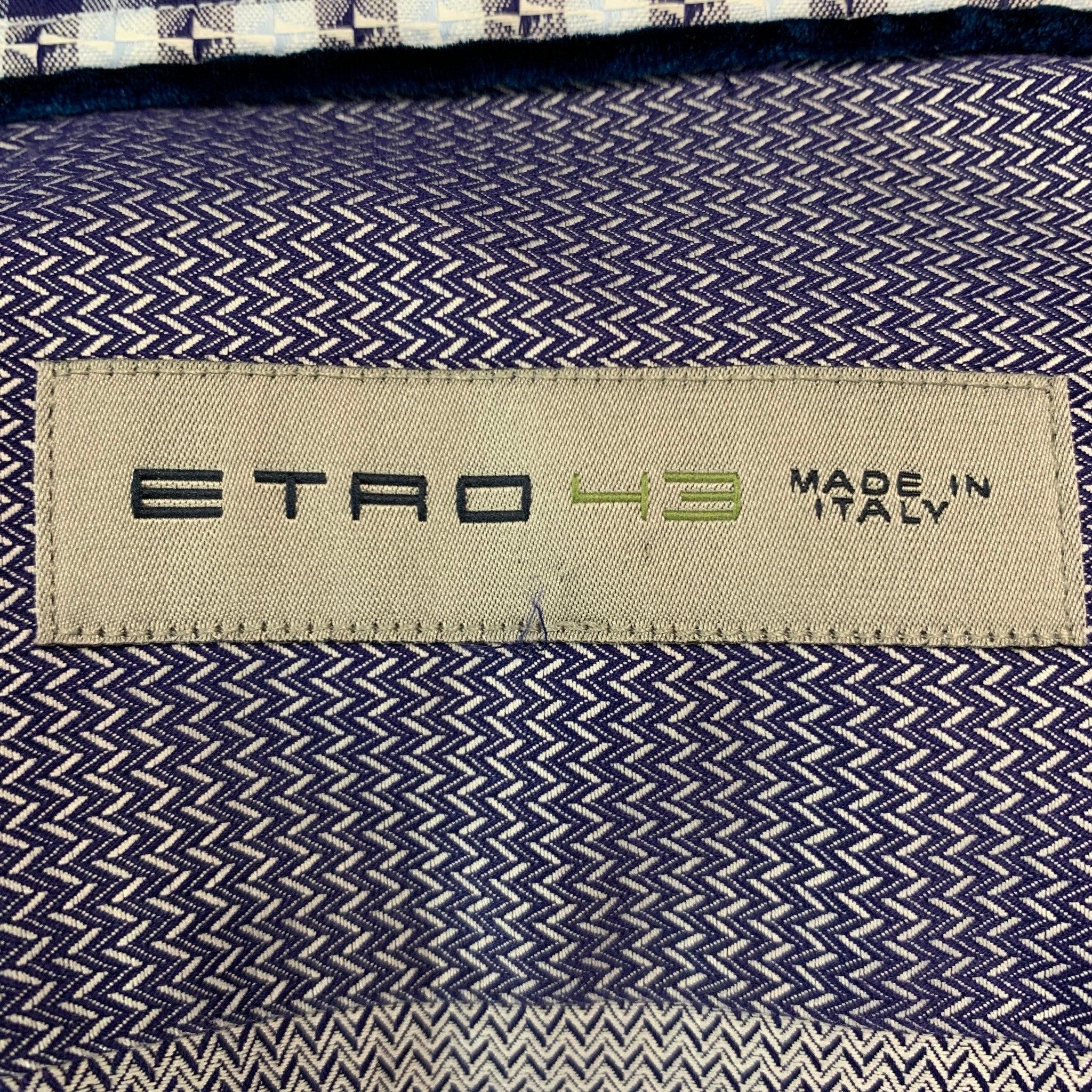 Men's ETRO Size L Navy White Zig Zag Cotton Button Up Long Sleeve Shirt For Sale