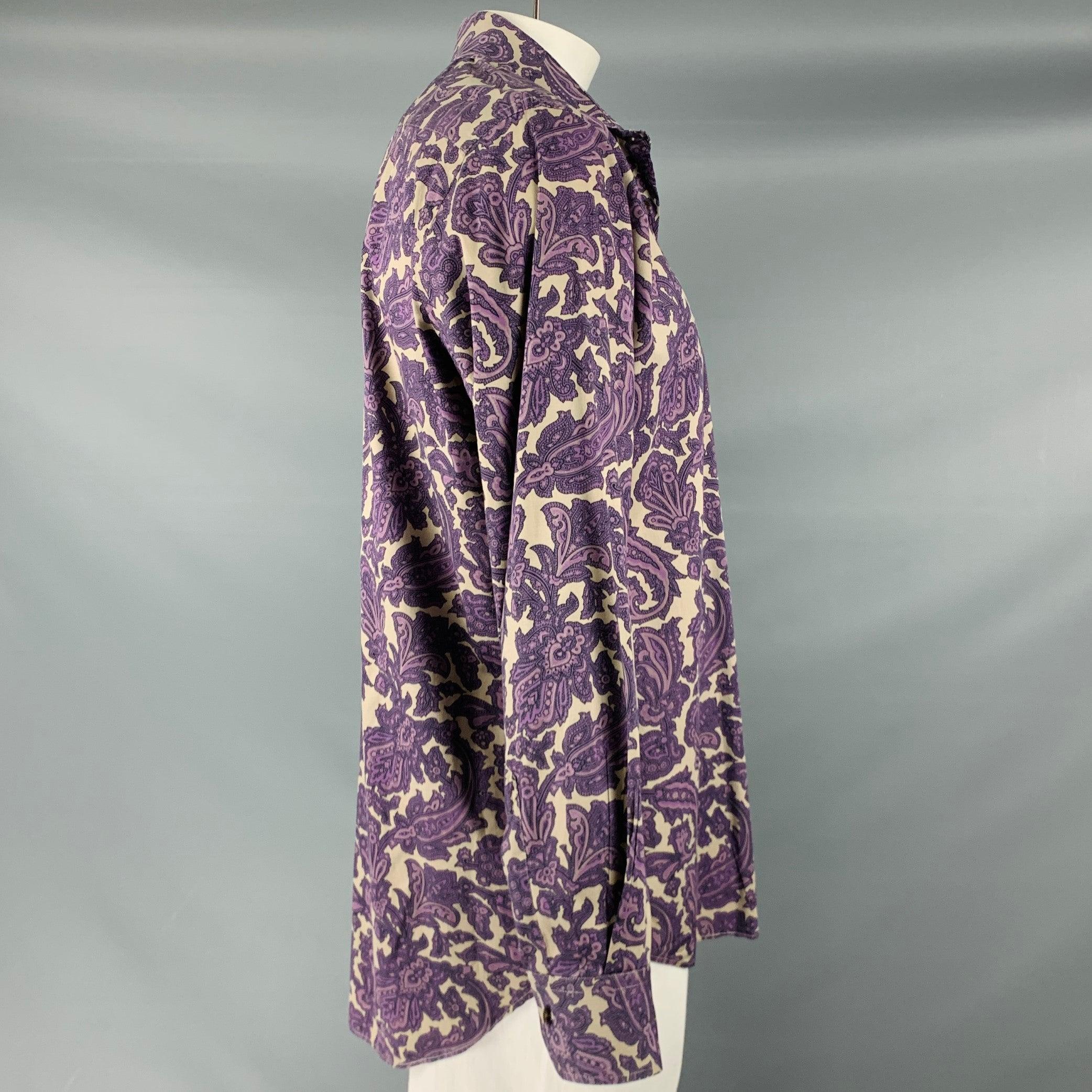 Beige ETRO Size L Purple Khaki Paisley Cotton Blend Button Up Long Sleeve Shirt