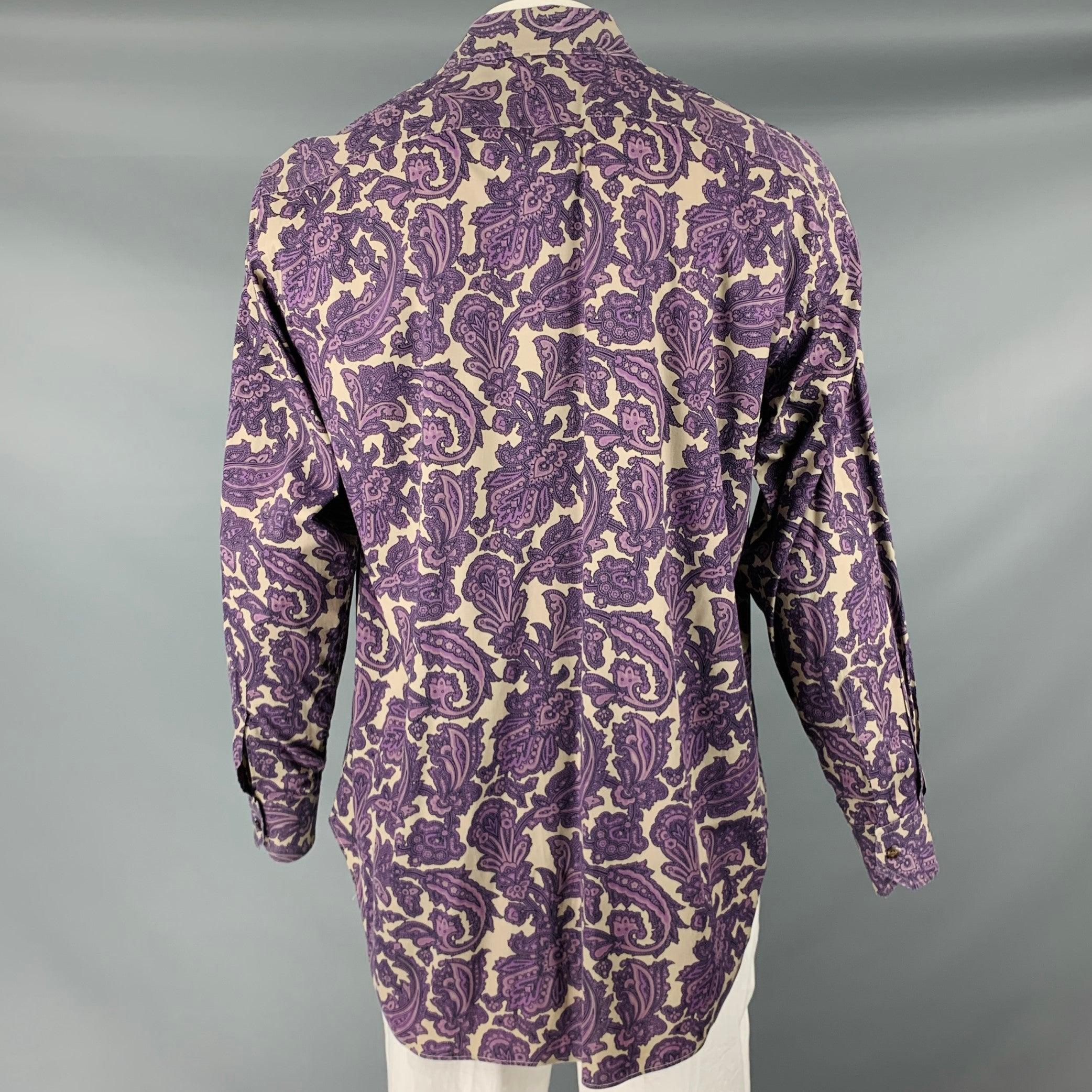 ETRO Size L Purple Khaki Paisley Cotton Blend Button Up Long Sleeve Shirt In Excellent Condition In San Francisco, CA