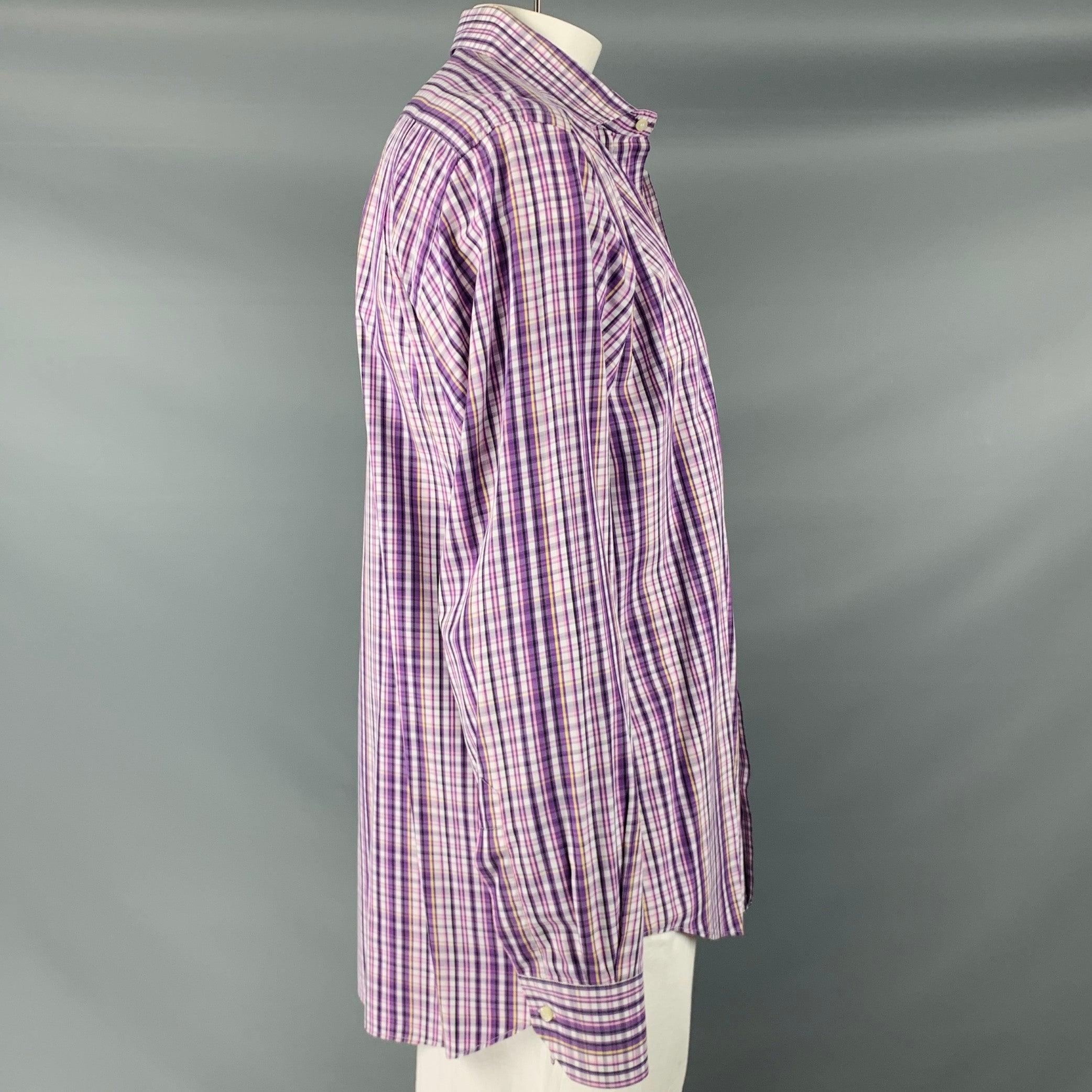 Gray ETRO Size L Purple White Plaid Cotton Button Up Long Sleeve Shirt For Sale