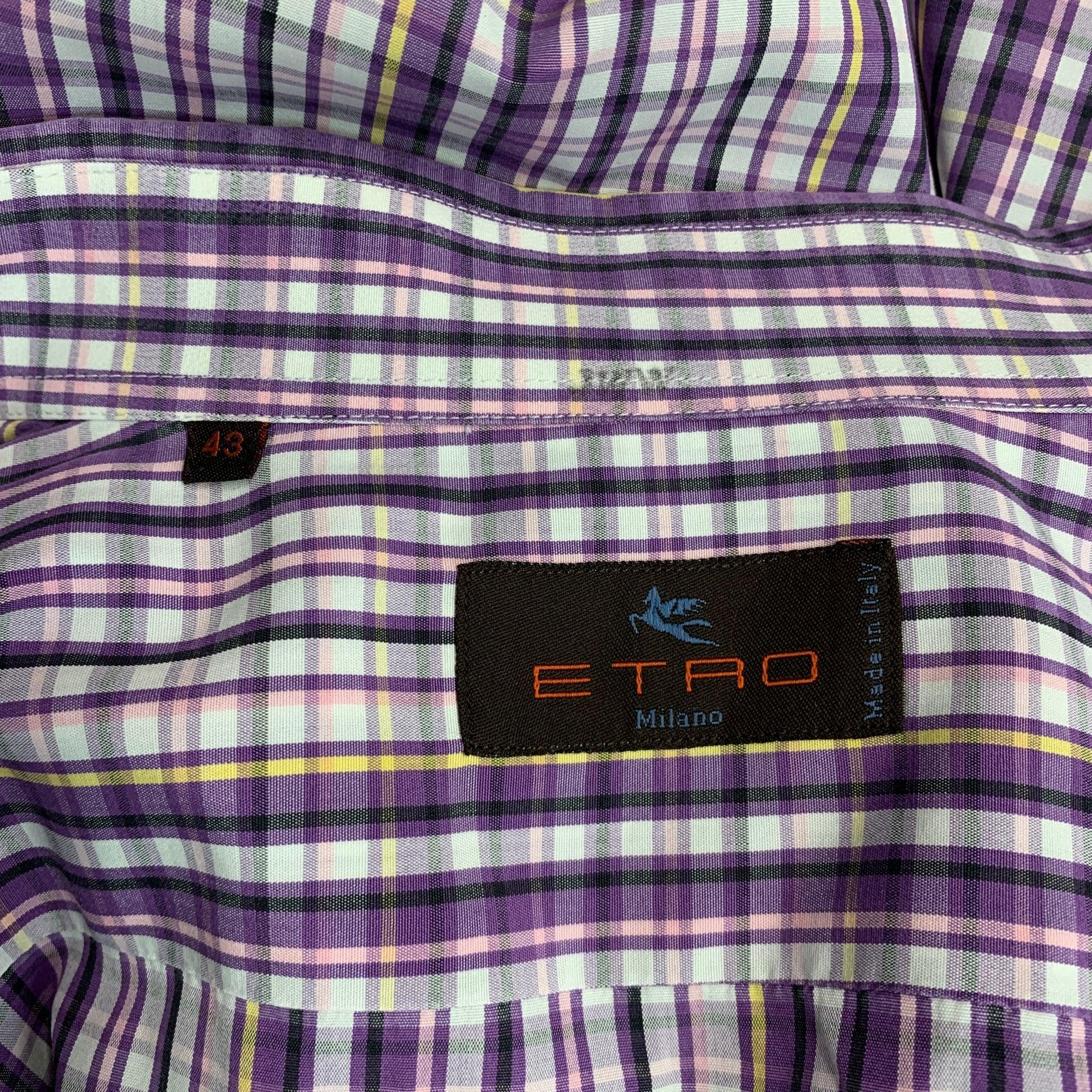 Men's ETRO Size L Purple White Plaid Cotton Button Up Long Sleeve Shirt For Sale