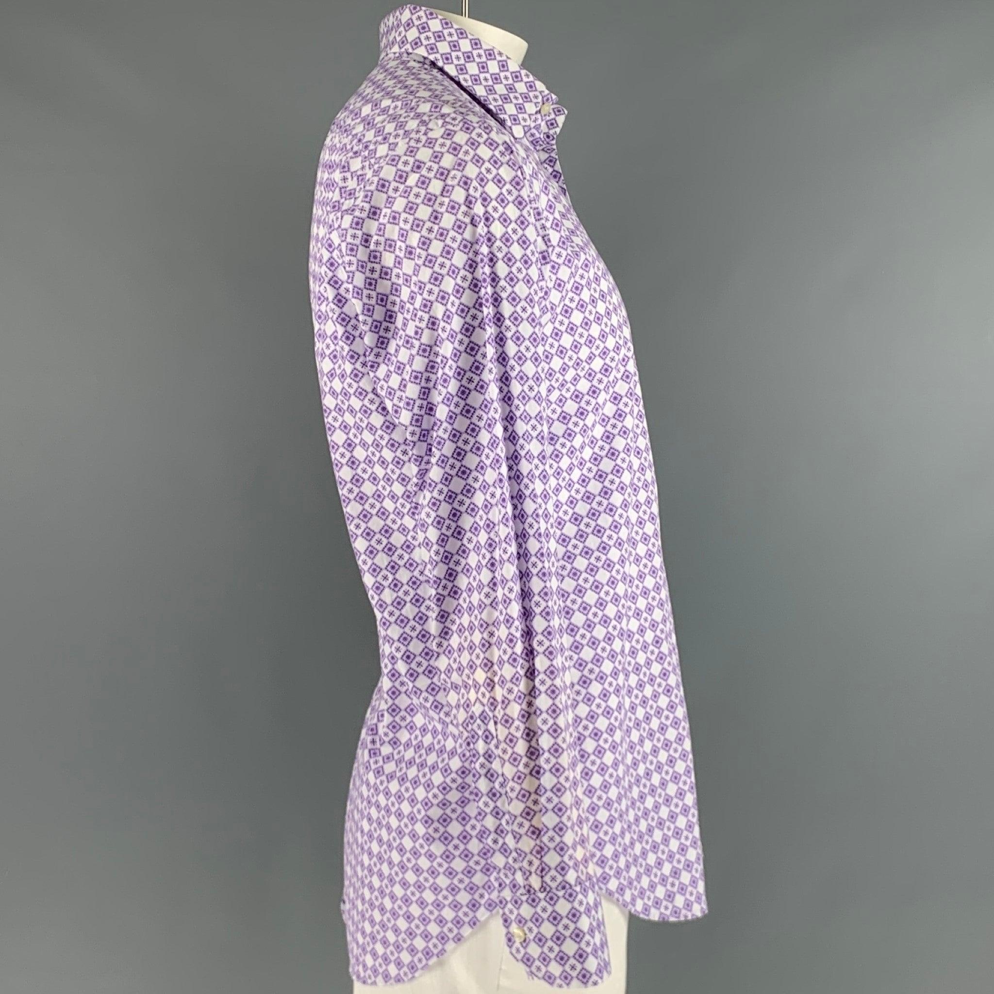 ETRO long sleeve shirt
in a purple and white cotton weave featuring rhombus print, spread collar, and button closure. Made in Italy.Excellent Pre-Owned Condition. 

Marked:   42 

Measurements: 
 
Shoulder: 17 inches Chest: 46 inches Sleeve: 26