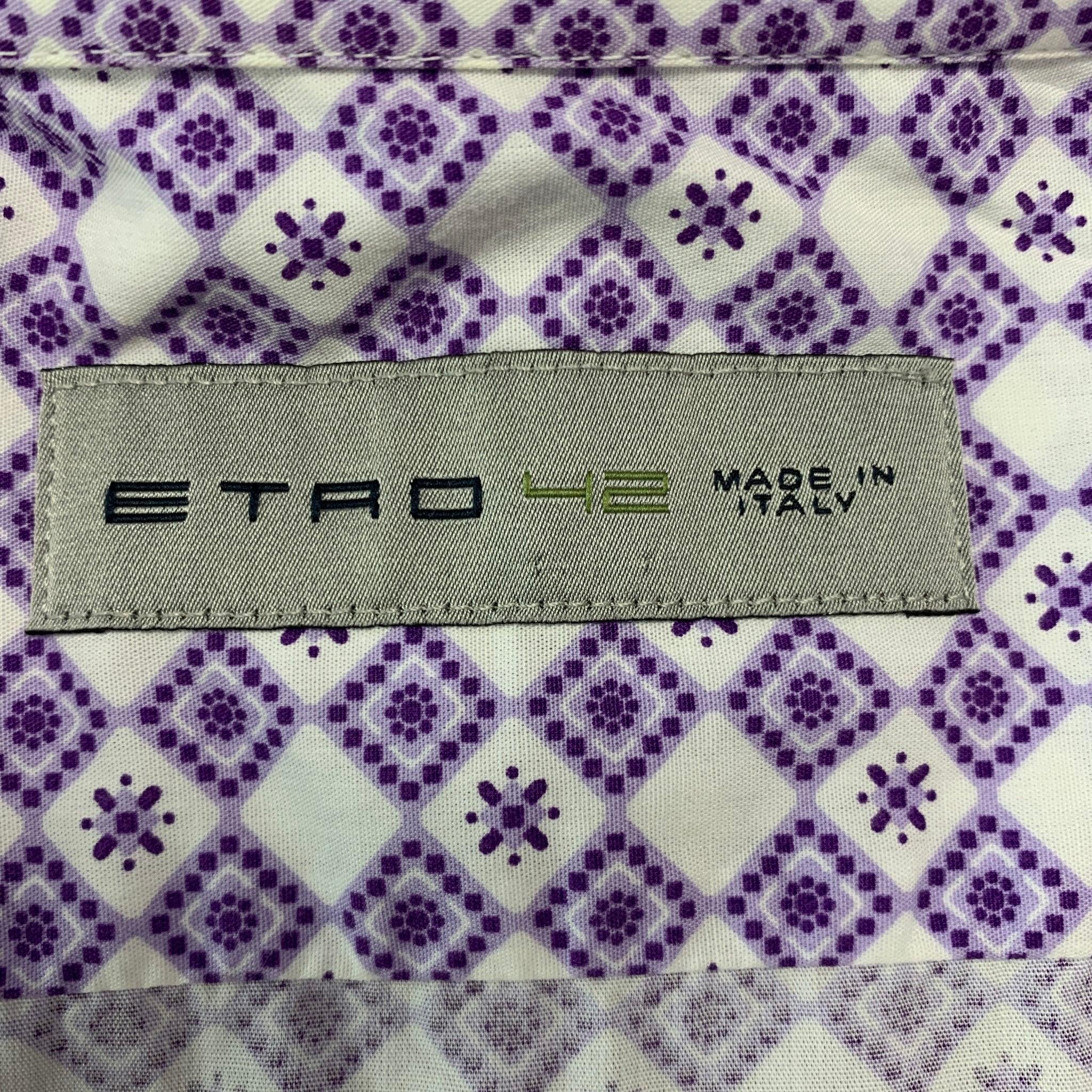 Men's ETRO Size L Purple White Rhombus Cotton Button Up Long Sleeve Shirt For Sale