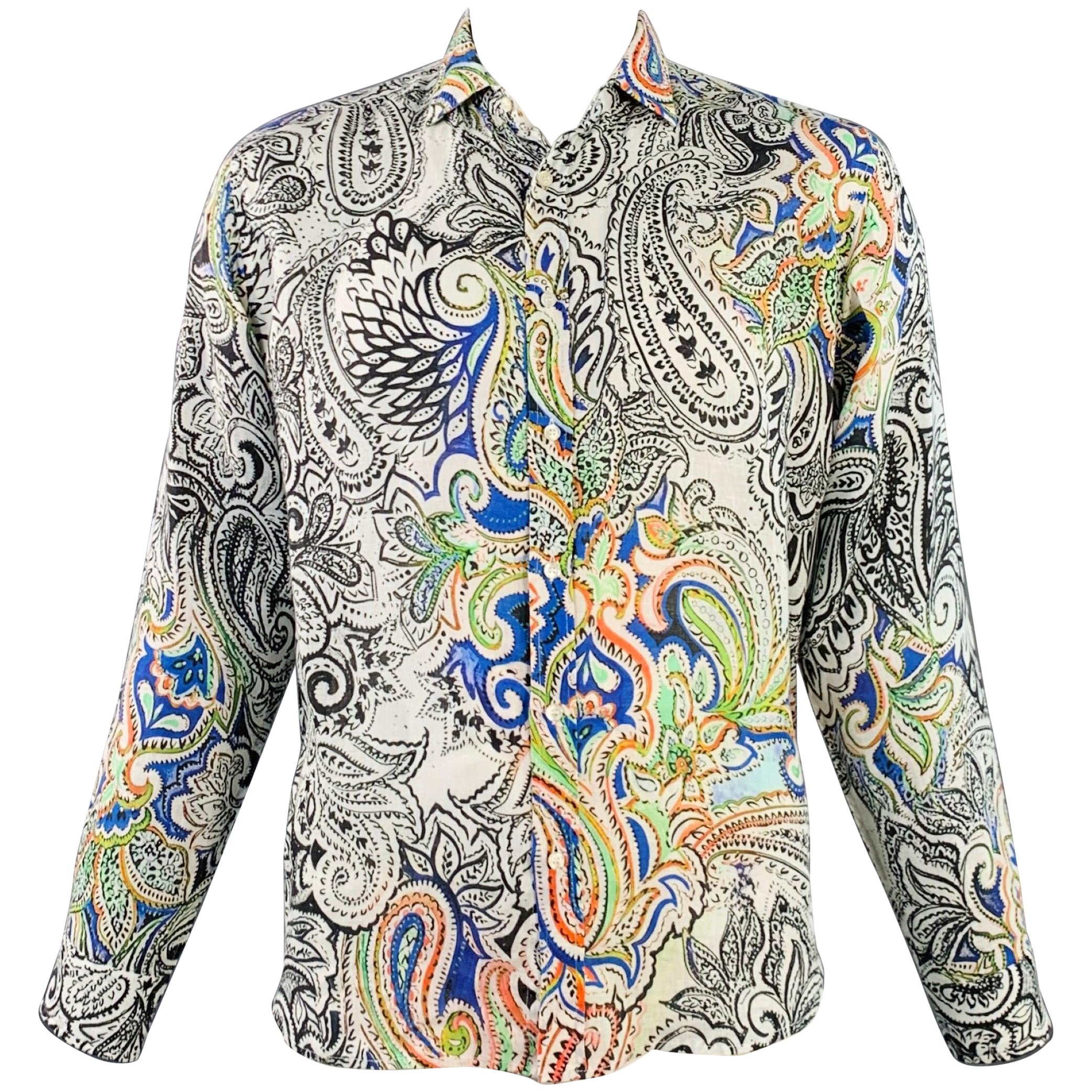 ETRO Size L White Abstract Floral Linen Cutaway Long Sleeve Shirt For Sale
