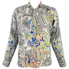 ETRO Size L White Abstract Floral Linen Cutaway Long Sleeve Shirt